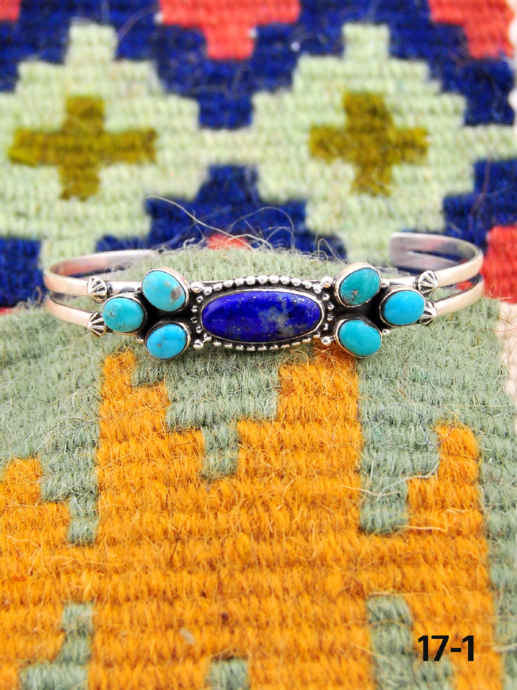 Southwest Handmade Kingman turquoise with lapis luzuli & Sterling Silver Cuff Bracelet
