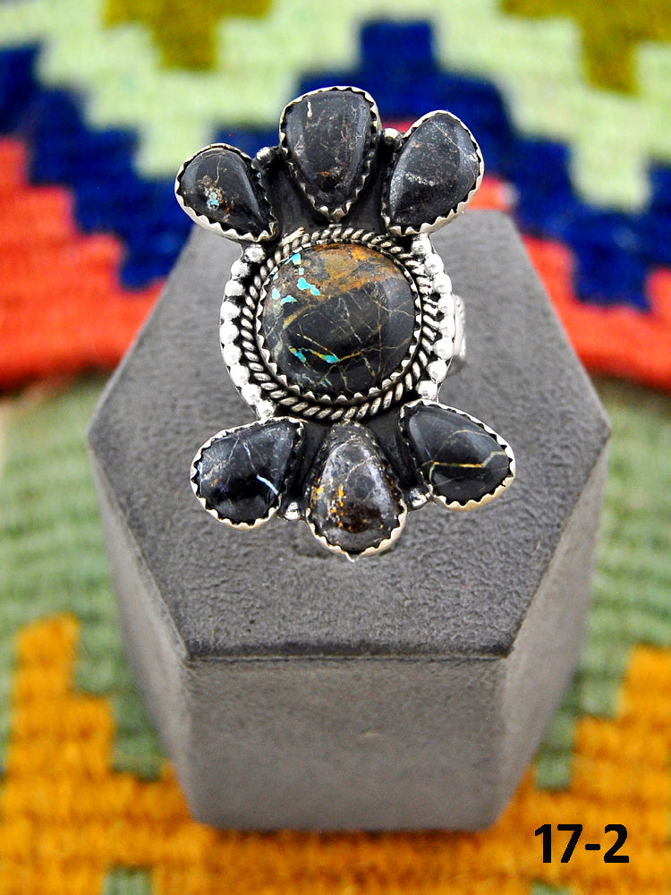 Southwest Handmade Black Jack Turquoise & Sterling Silver Adjustable Ring
