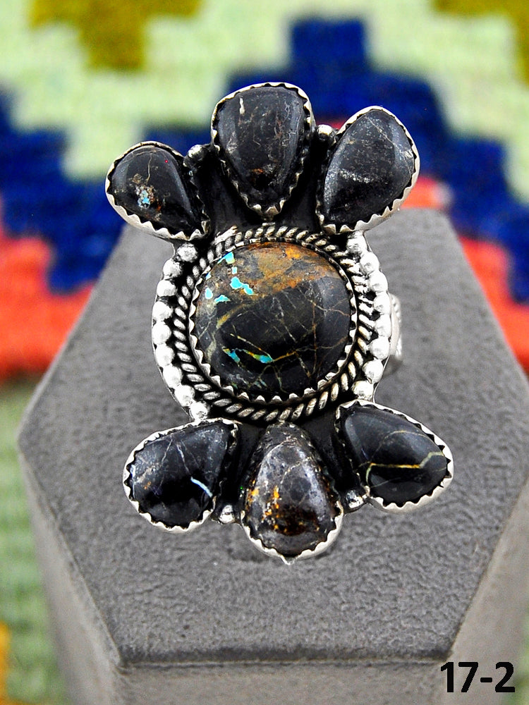 Southwest Handmade Black Jack Turquoise & Sterling Silver Adjustable Ring