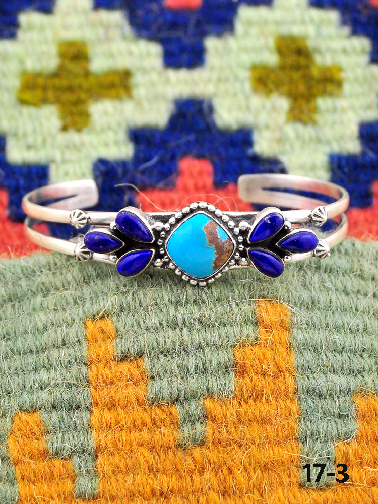Southwest Handmade Kingman turquoise with lapis luzuli & Sterling Silver Cuff Bracelet
