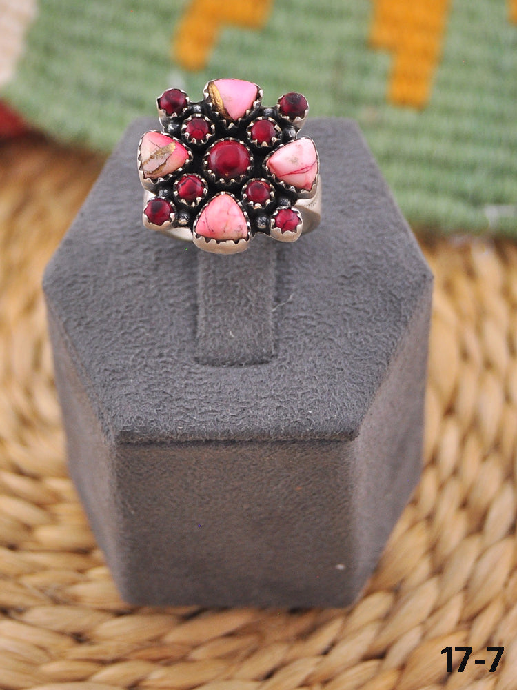 Southwest Handmade Rose Dahlia & Sterling Silver Adjustable Cluster Ring