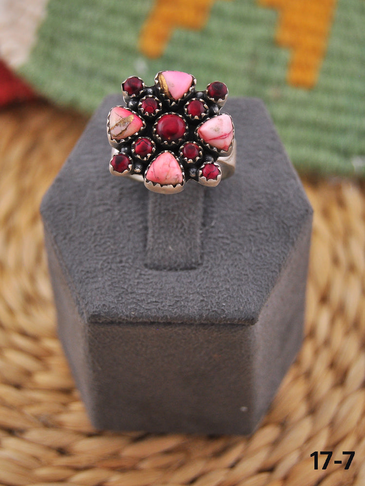 Southwest Handmade Rose Dahlia & Sterling Silver Adjustable Cluster Ring