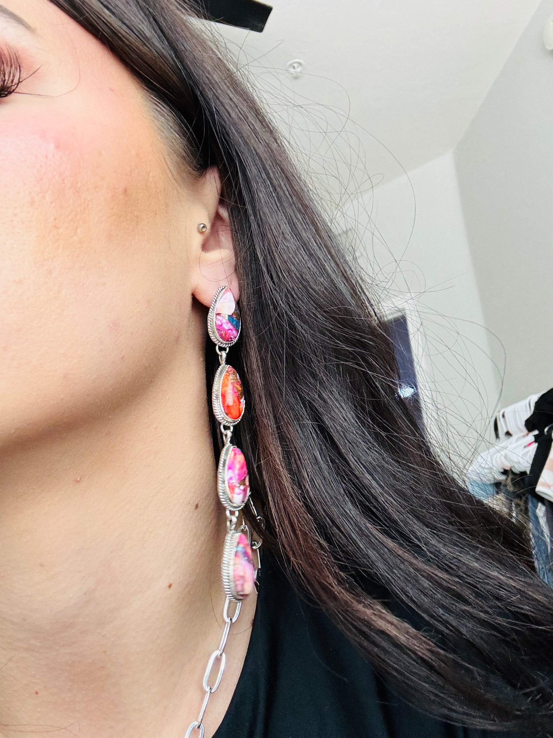 Navajo Made Pink Mohave Turquoise & Sterling Silver Post Earrings