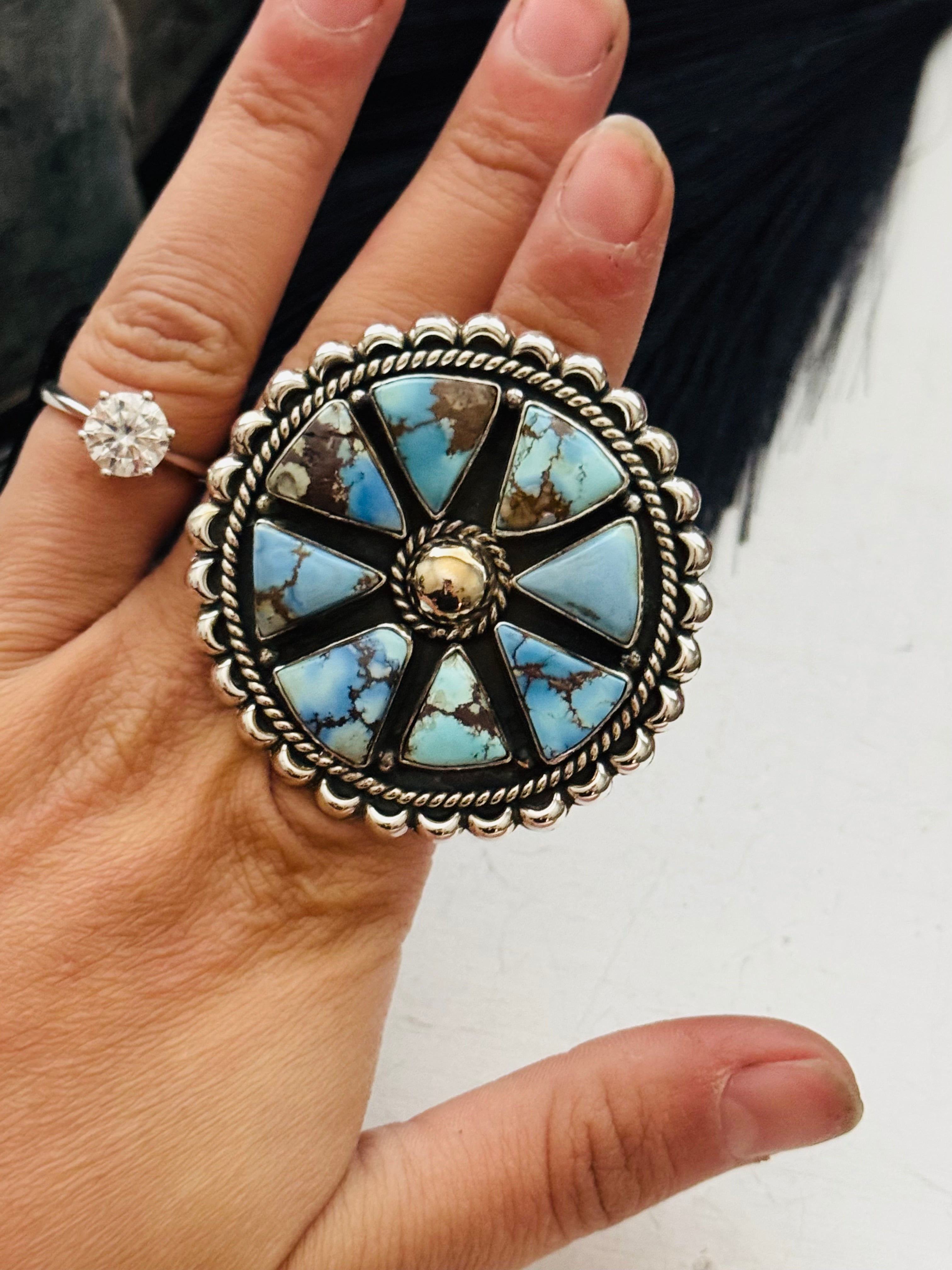 Southwest Handmade Golden Hills Turquoise & Sterling Silver Adjustable Cluster Ring