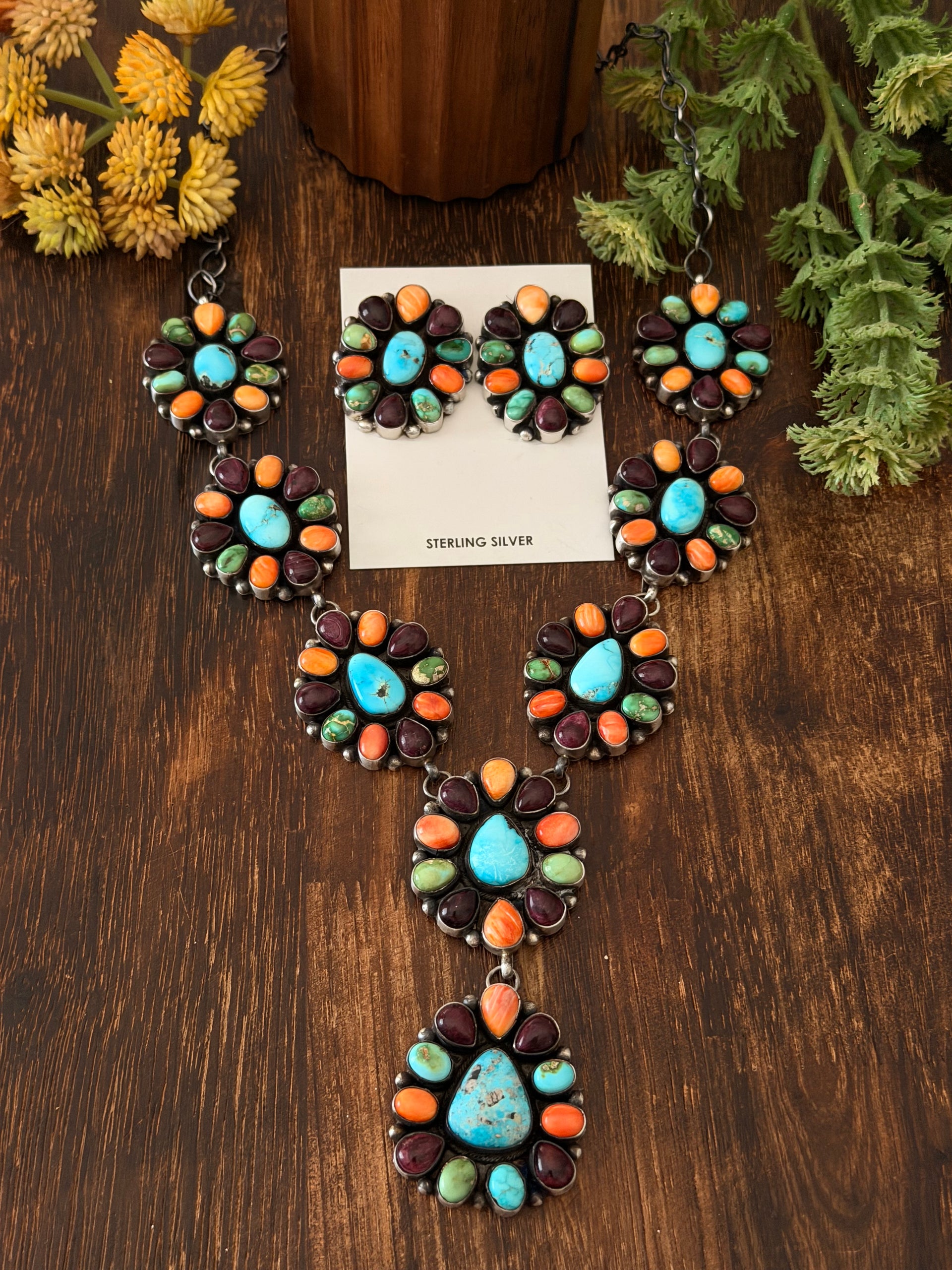 Antionette Martinez Multi Stone & Sterling Silver Cluster Lariat Necklace Set
