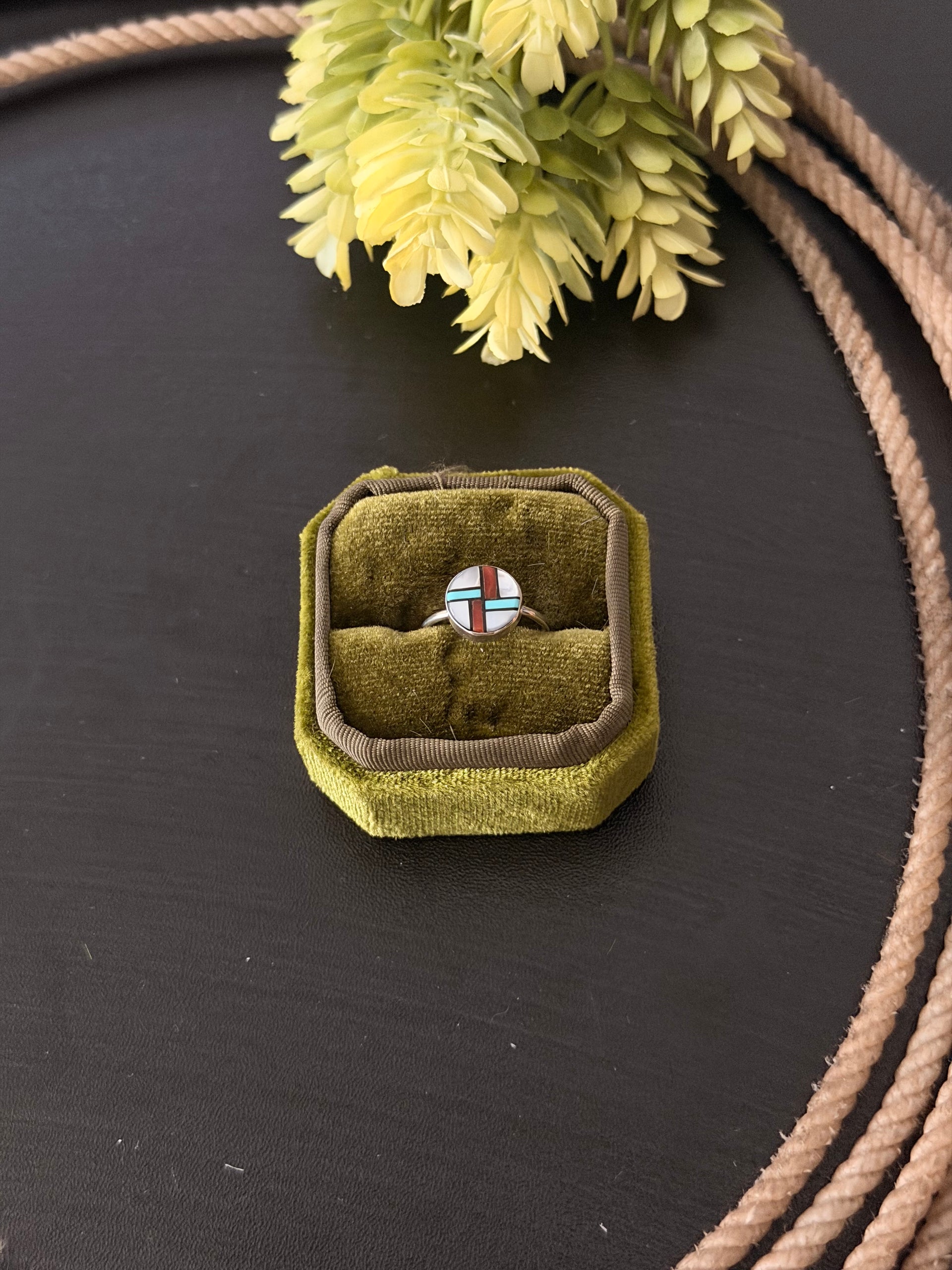 Zuni Made Multi Stone & Sterling Silver Inlay Ring Size 6