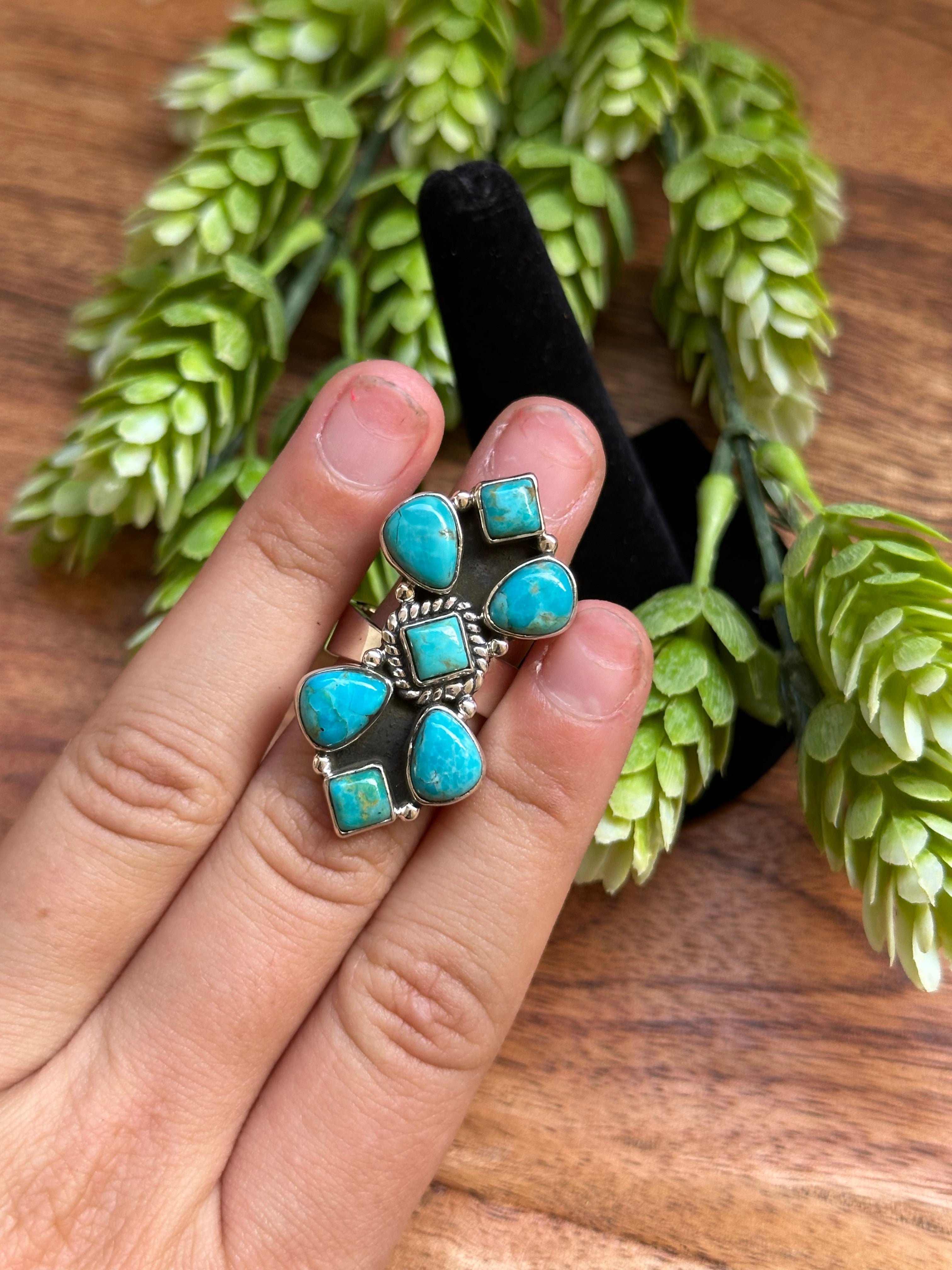 Southwest Handmade Kingman Turquoise & Sterling Silver Adjustable Cluster Ring