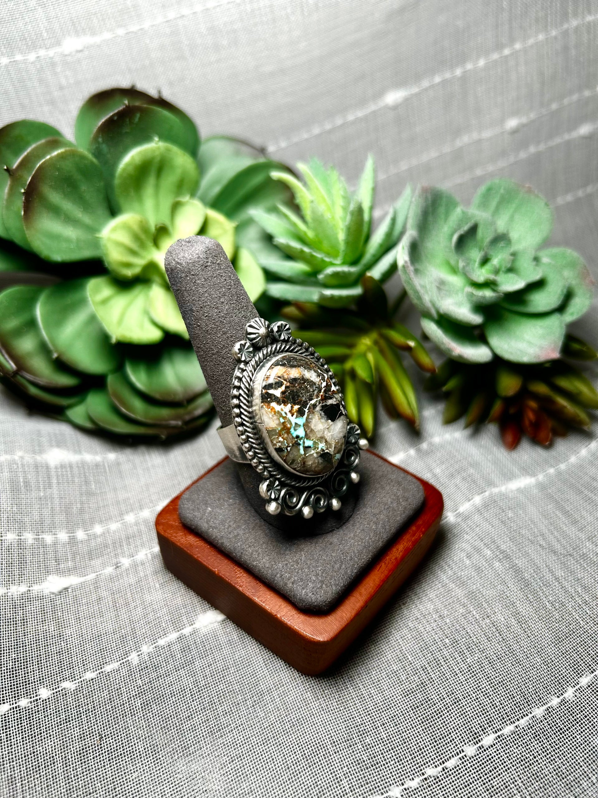 Navajo Made Black Jack Turquoise & Sterling Silver Ring Size 9.5