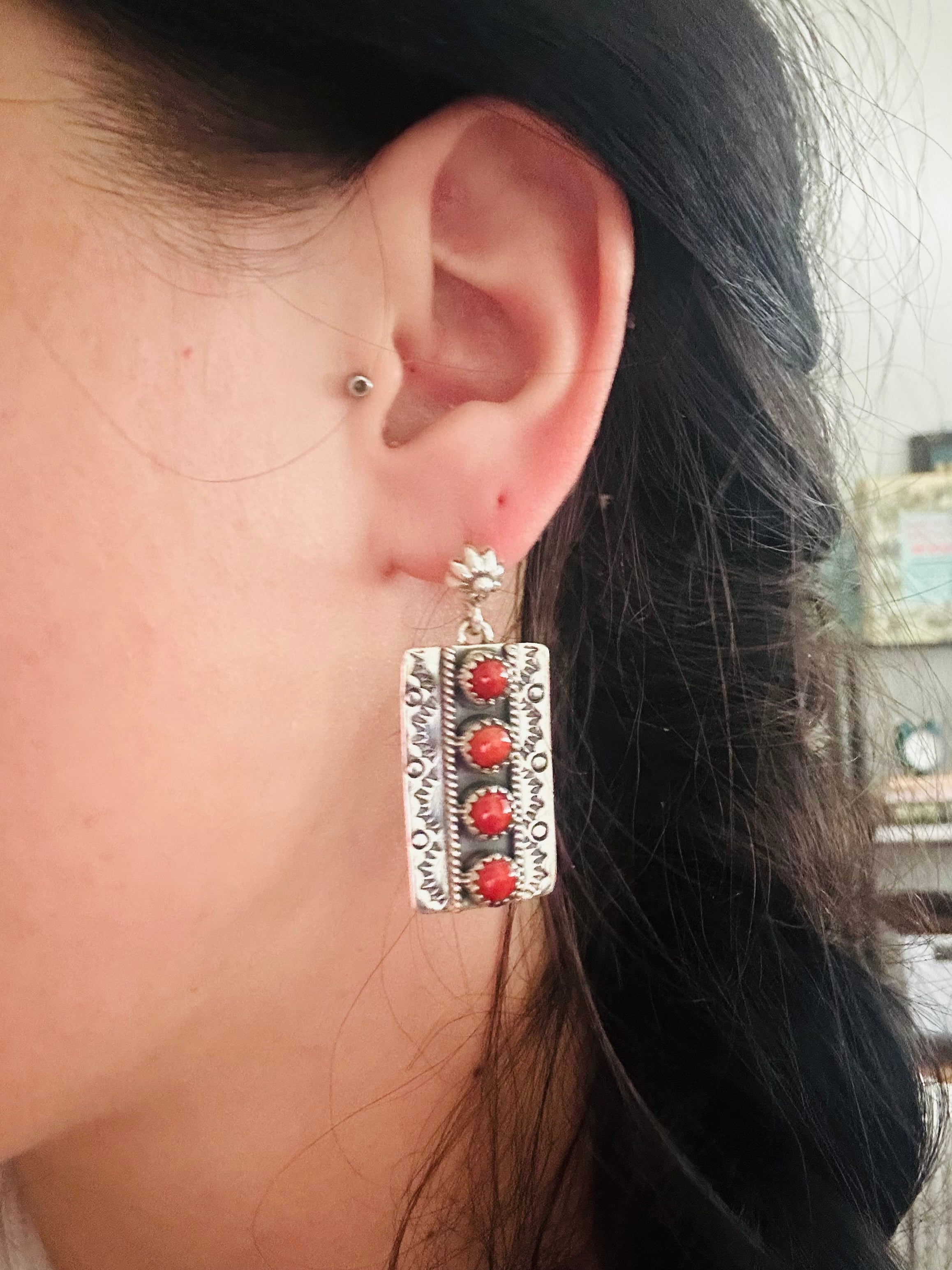 Navajo Made Coral & Sterling Silver Post Dangle  Earrings