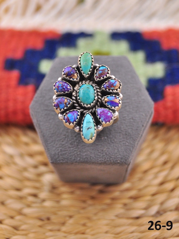 Southwest Made Multi Stone & Sterling Sliver Cluster Adjustable Ring