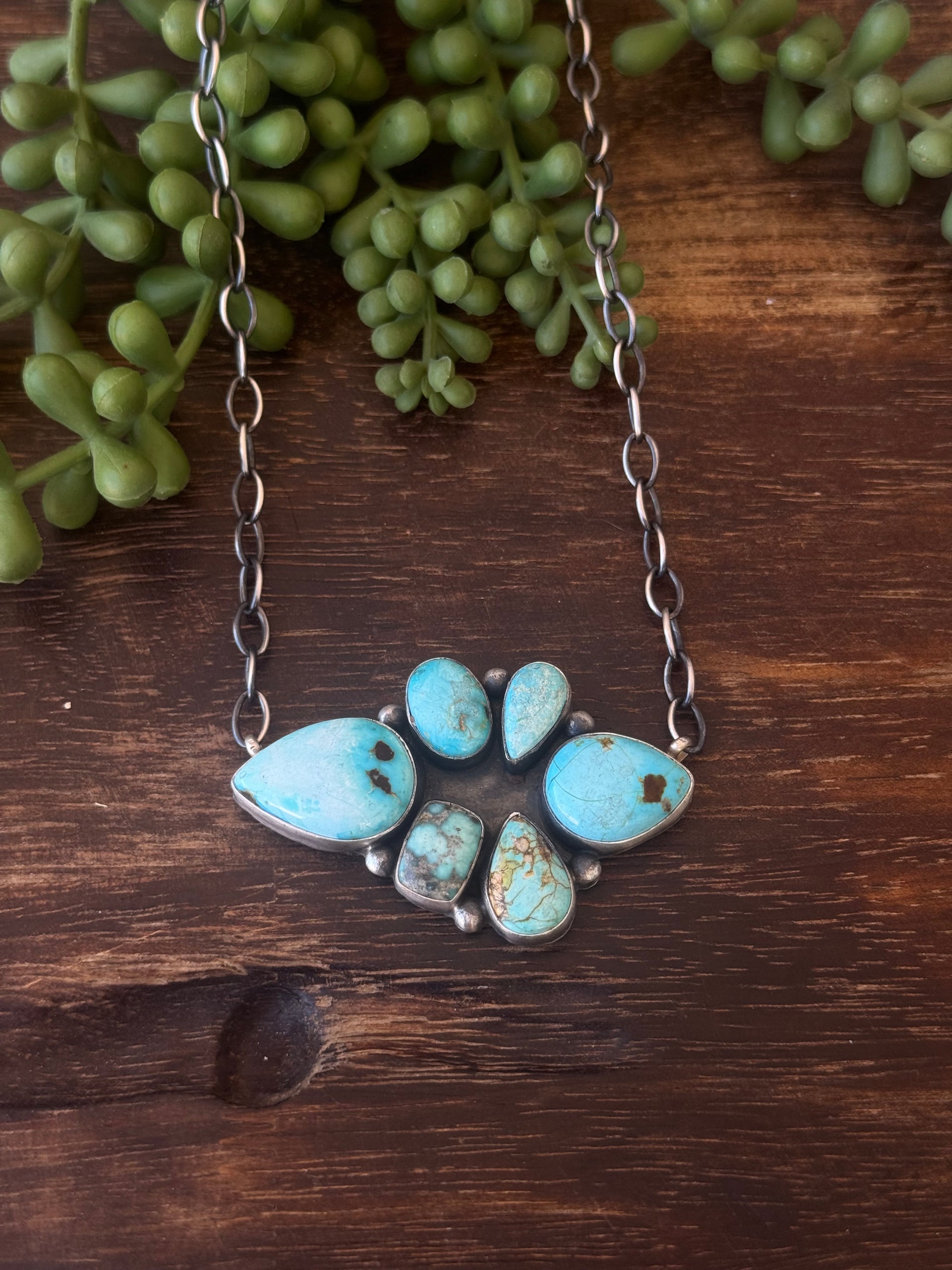 Navajo Made Mixed Turquoise & Sterling Sliver Cluster Necklace