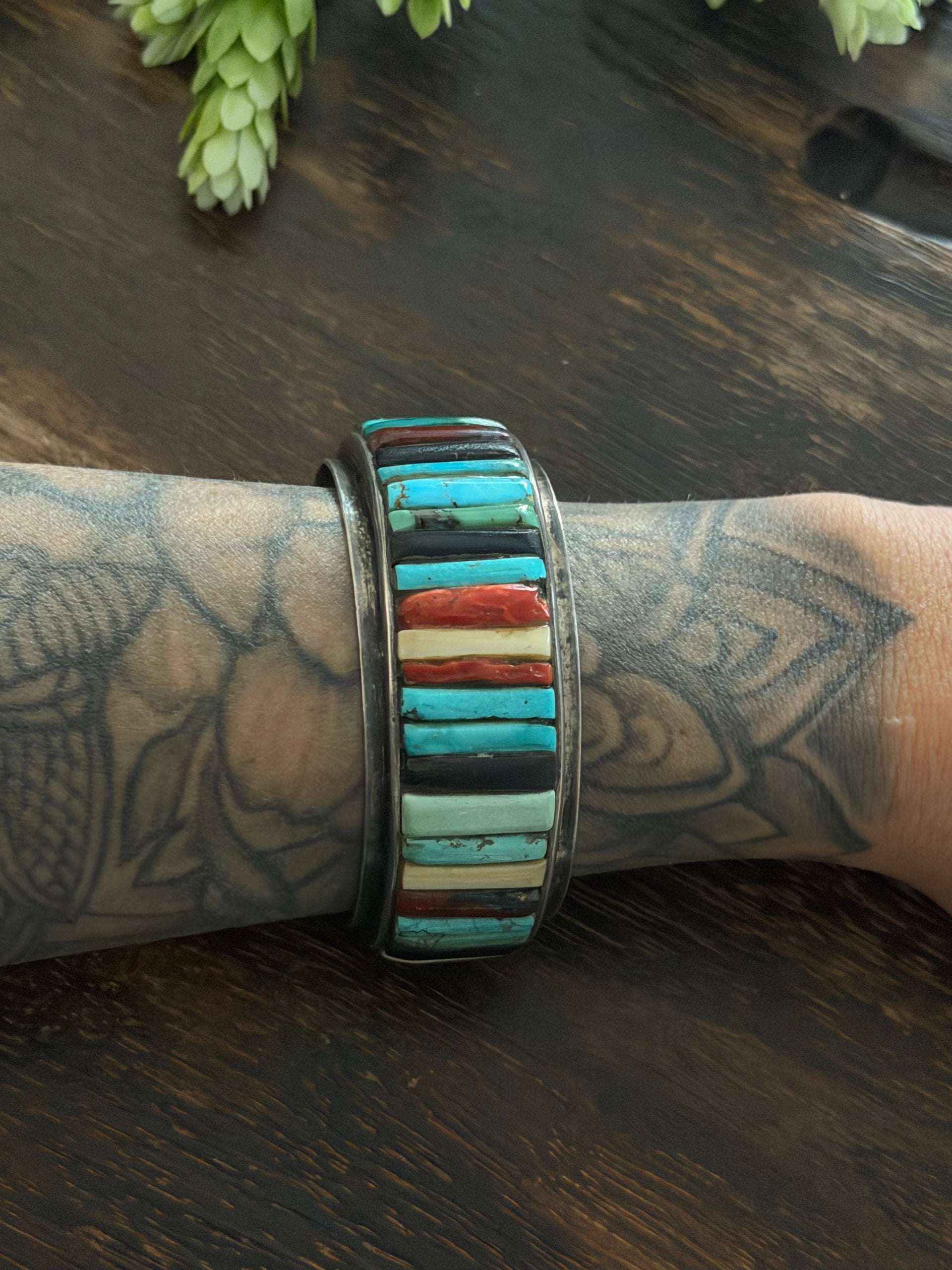 Vintage Zuni Made Multi Stone & Sterling Silver Cuff Bracelet