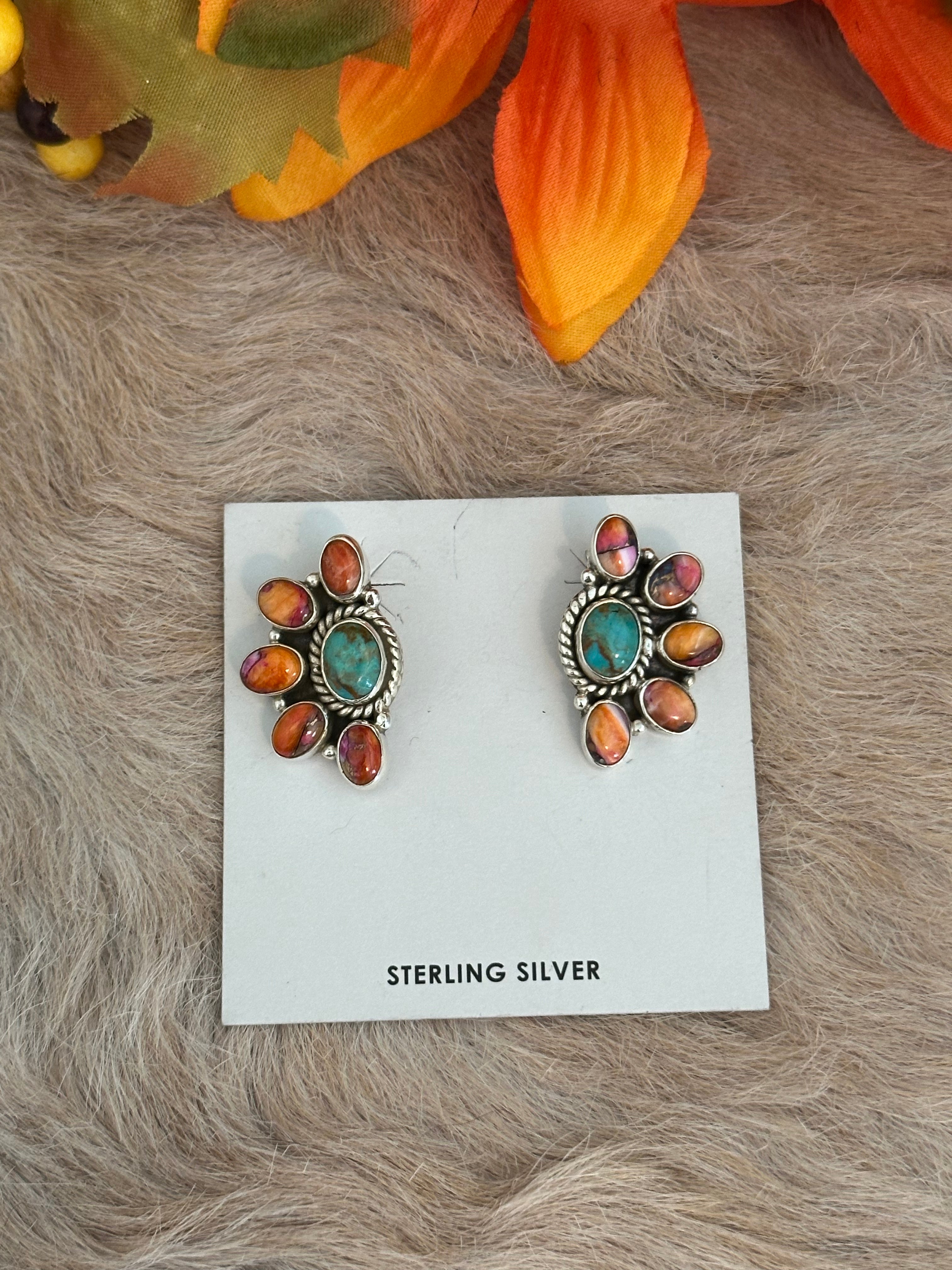 Southwest Handmade Multi Stone & Sterling Silver Post Earrings