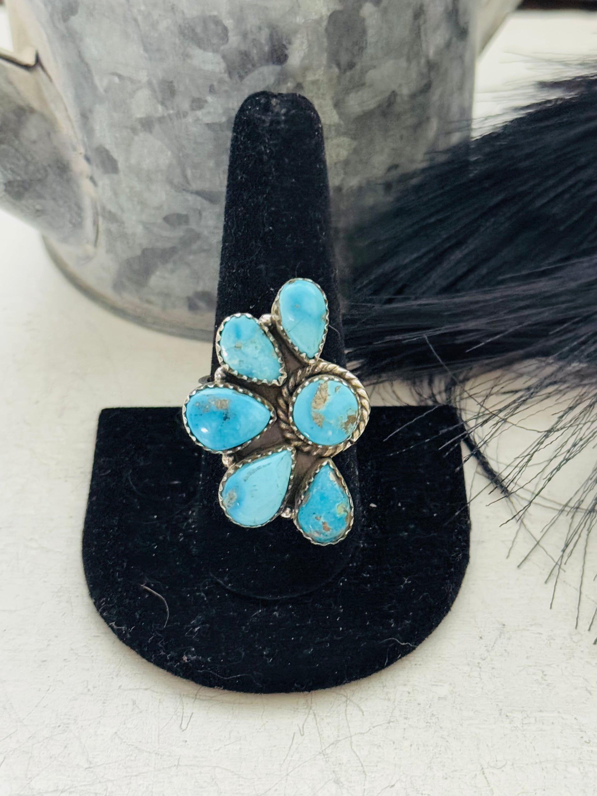 Southwest Handmade Valley Blue Turquoise & Sterling Silver Adjustable Cluster Ring