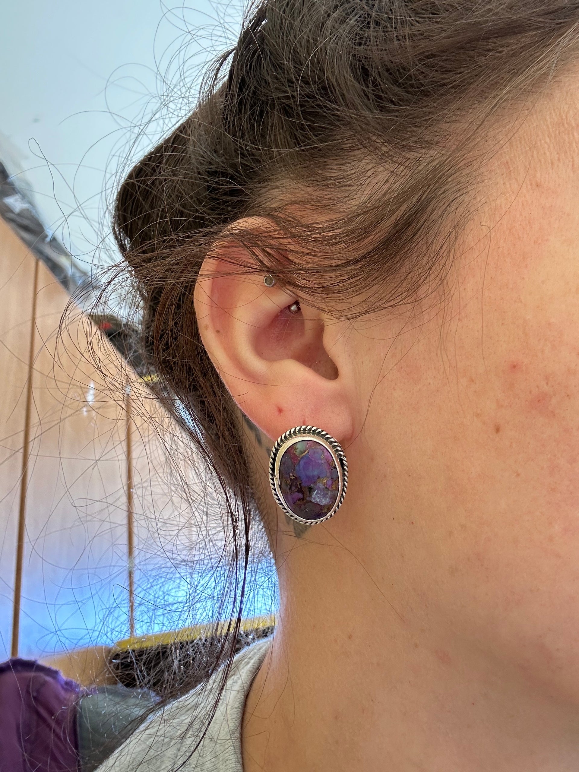 Navajo Made Mohave Turquoise & Sterling Silver Post Earrings