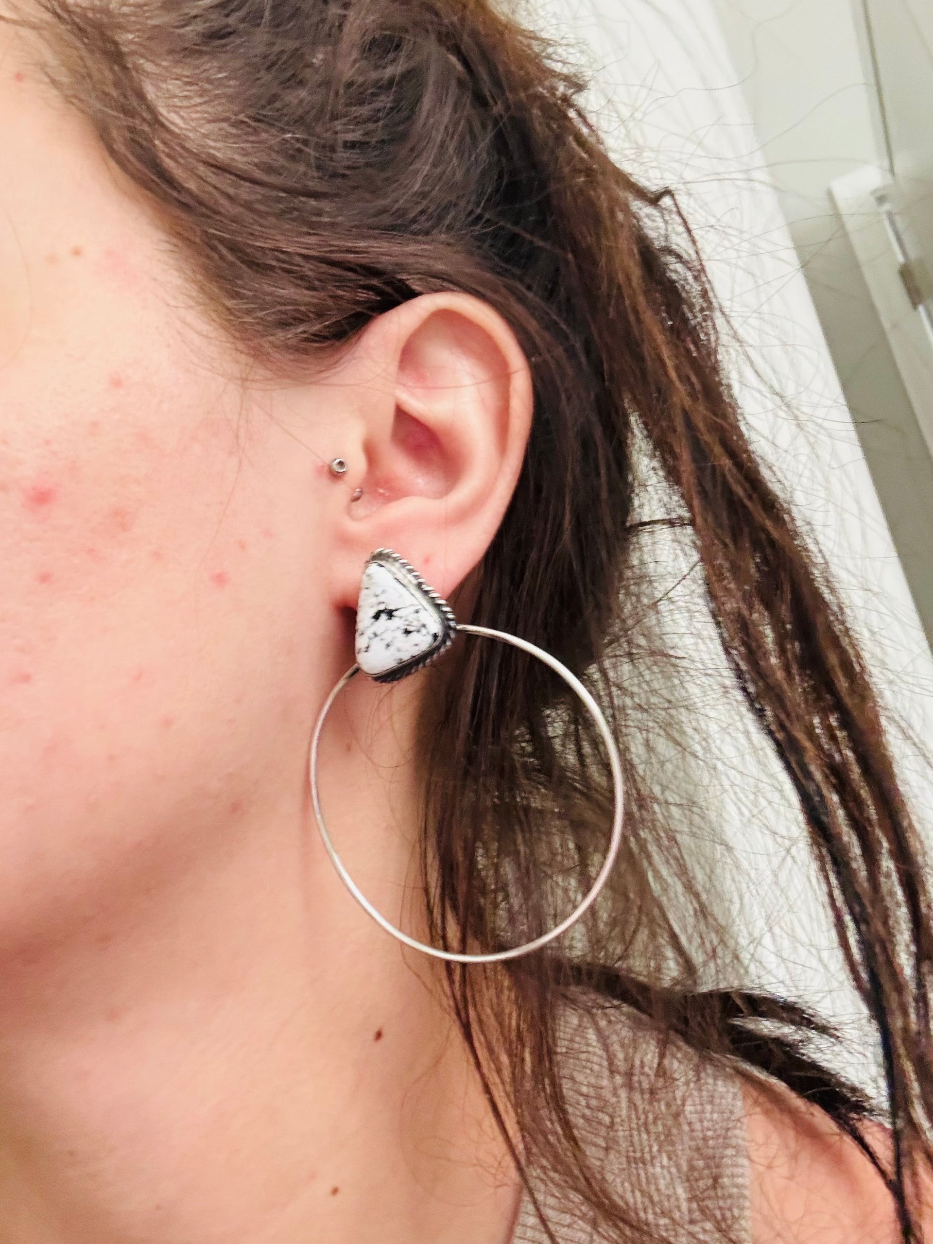 Elouise Kee White Buffalo & Sterling Silver Post Dangle Hoop Earrings