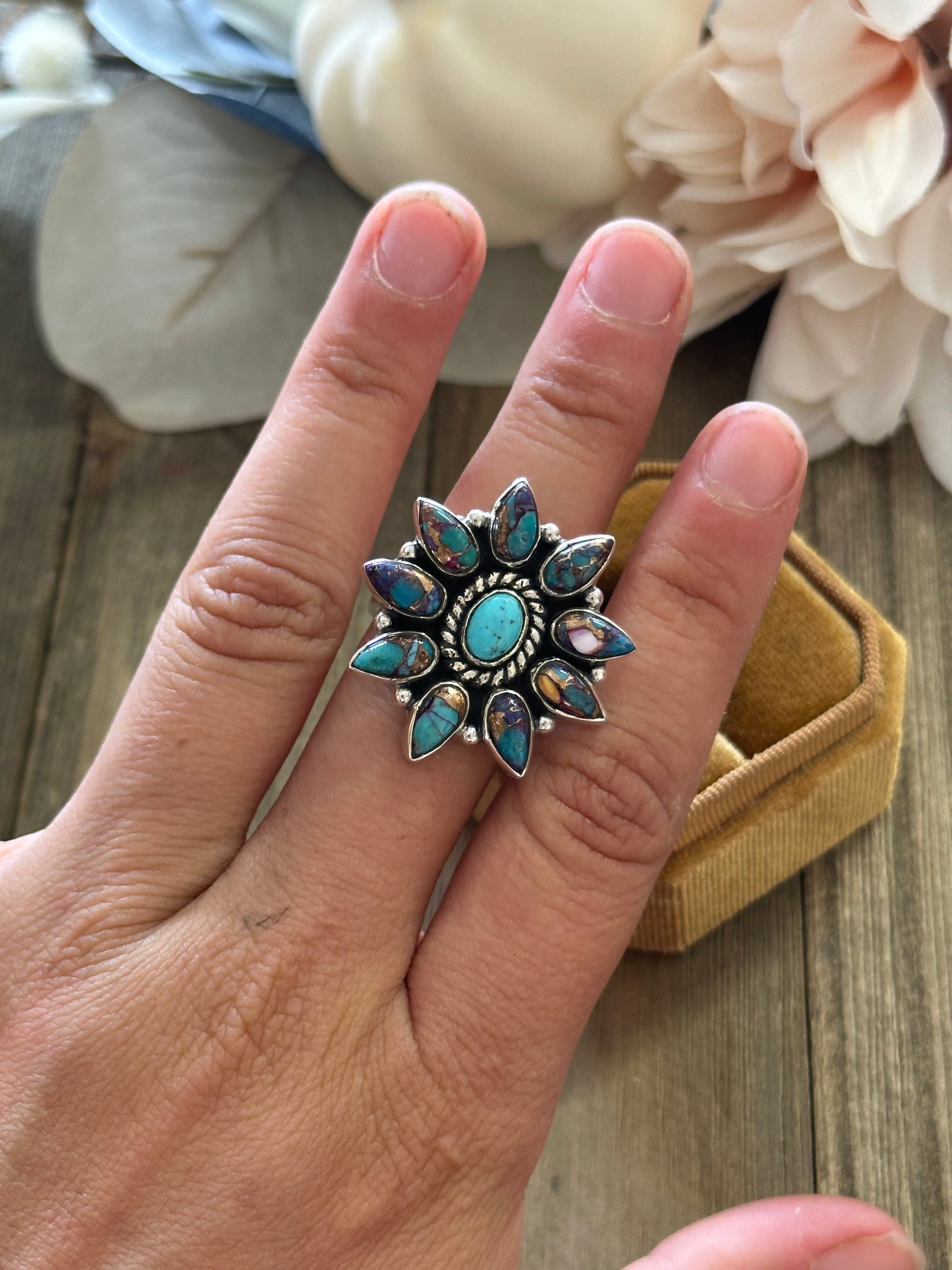 Southwest Handmade Mohave Turquoise & Sterling Silver Adjustable Cluster Ring