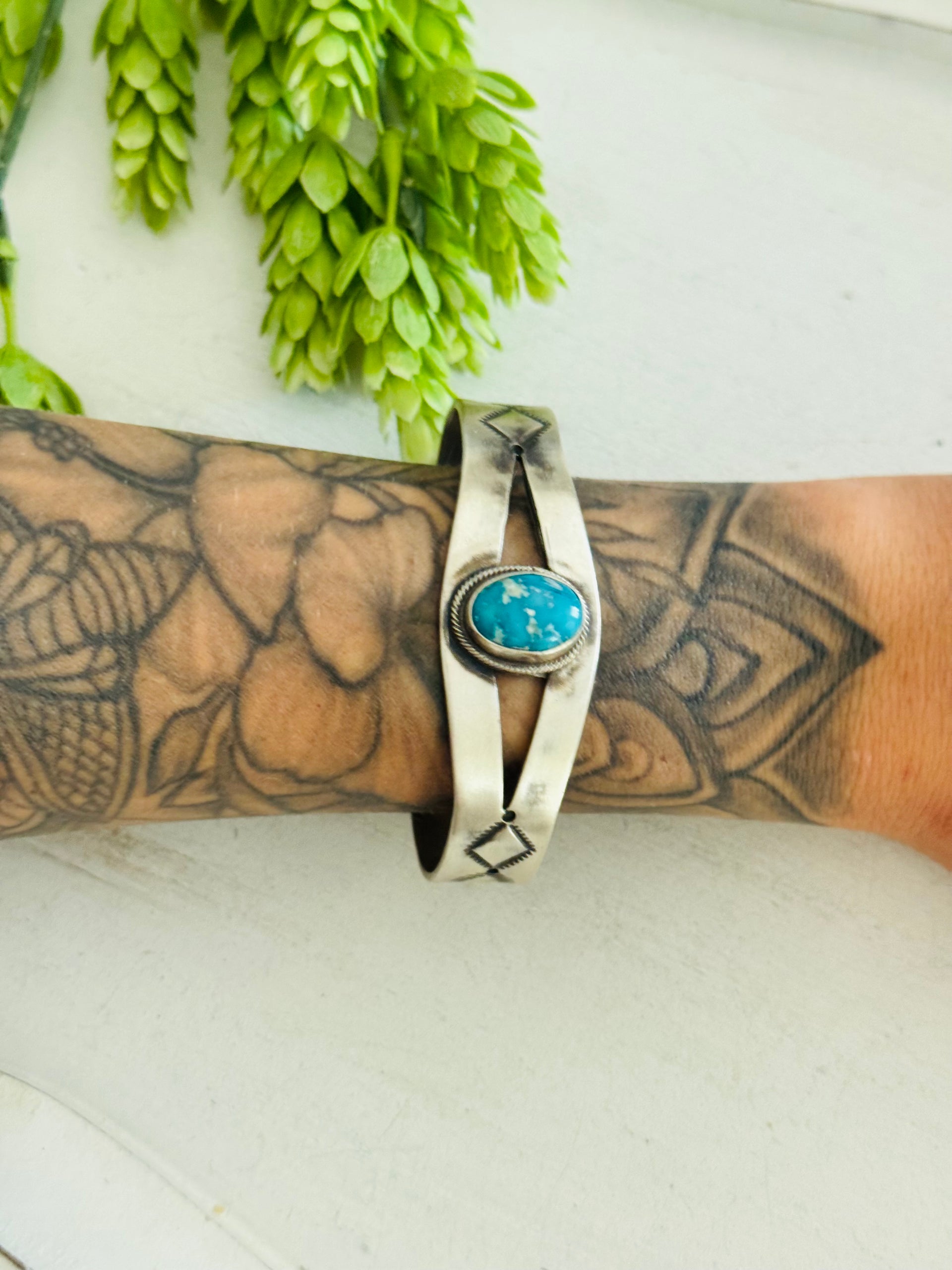 Navajo Made South Hill Turquoise & Sterling Silver Cuff Bracelet