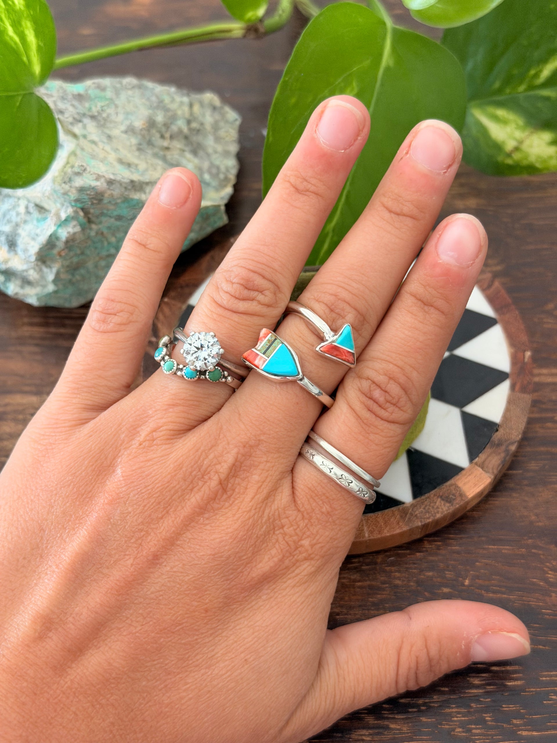 Navajo Made Multi Stone & Sterling Silver Inlay Arrow Adjustable Ring