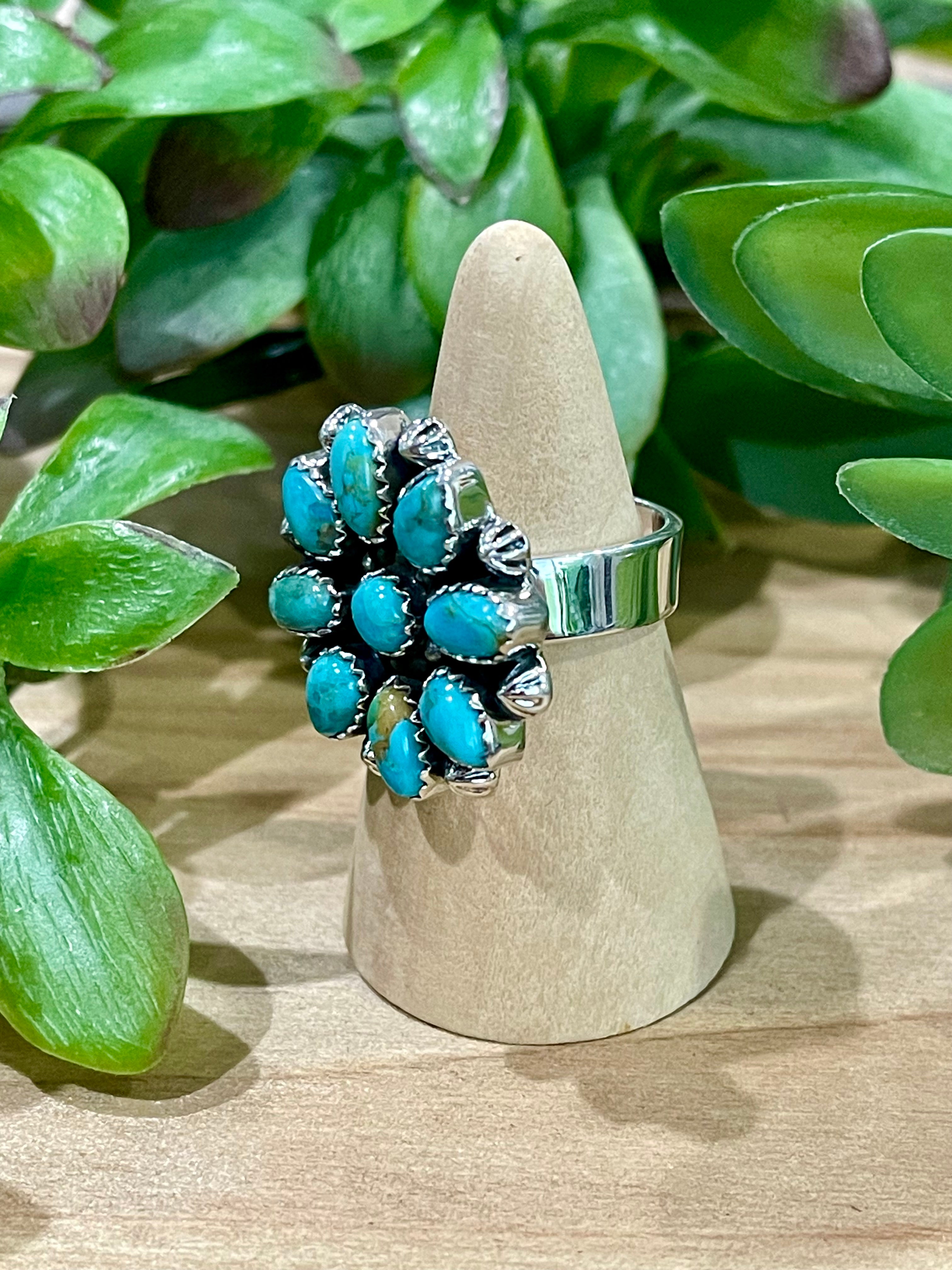 Southwest Handmade Kingman Turquoise & Sterling Silver Adjustable Flower Ring