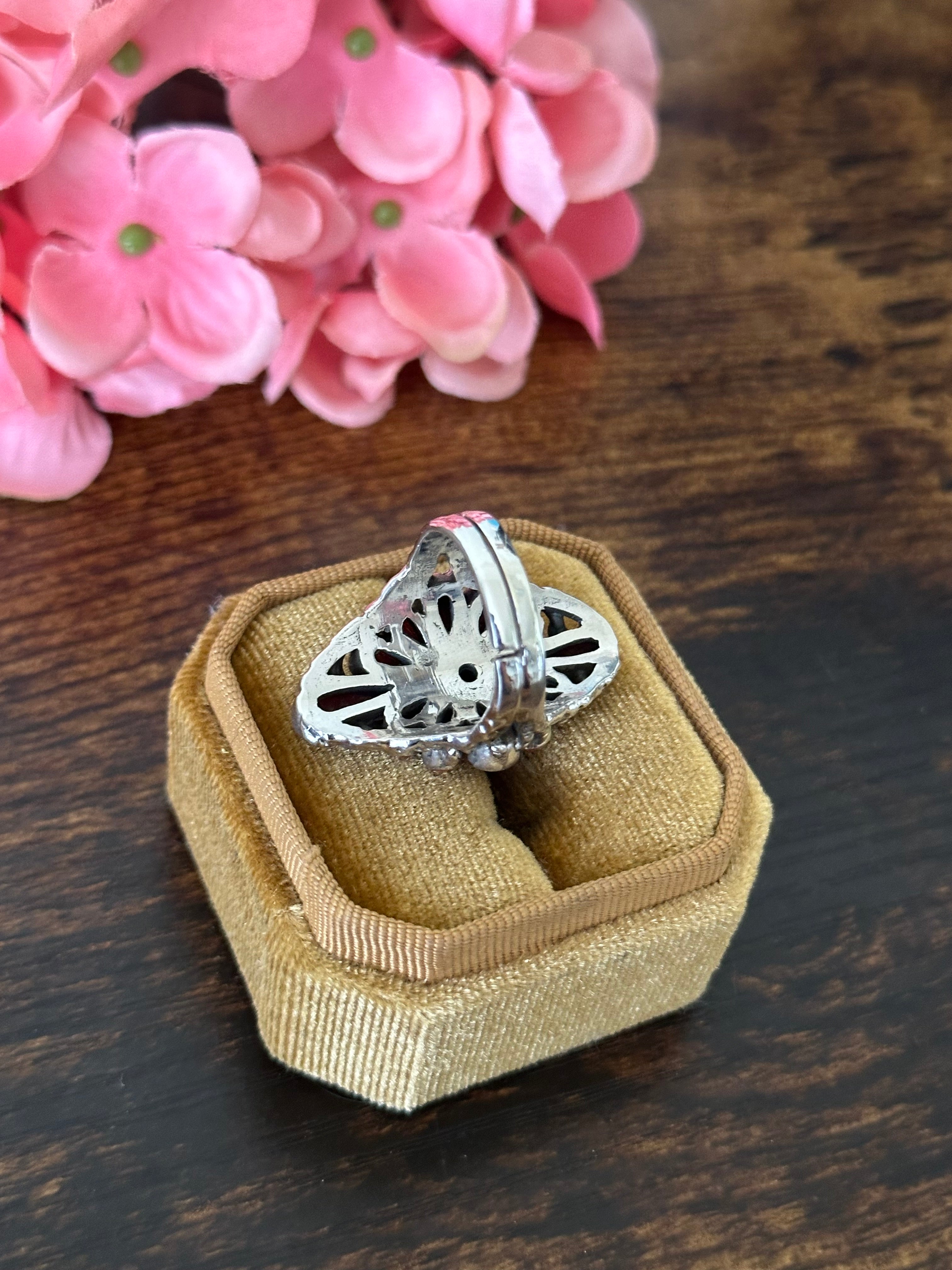 Southwest Handmade Red Coral & Sterling Silver Cluster Adjustable Ring