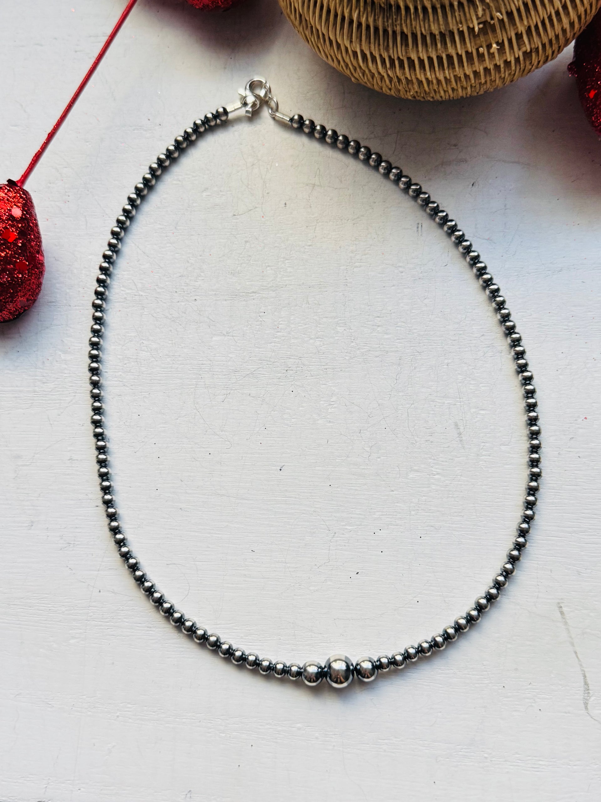 Navajo Strung Graduated Sterling Silver Pearls Beaded Necklace