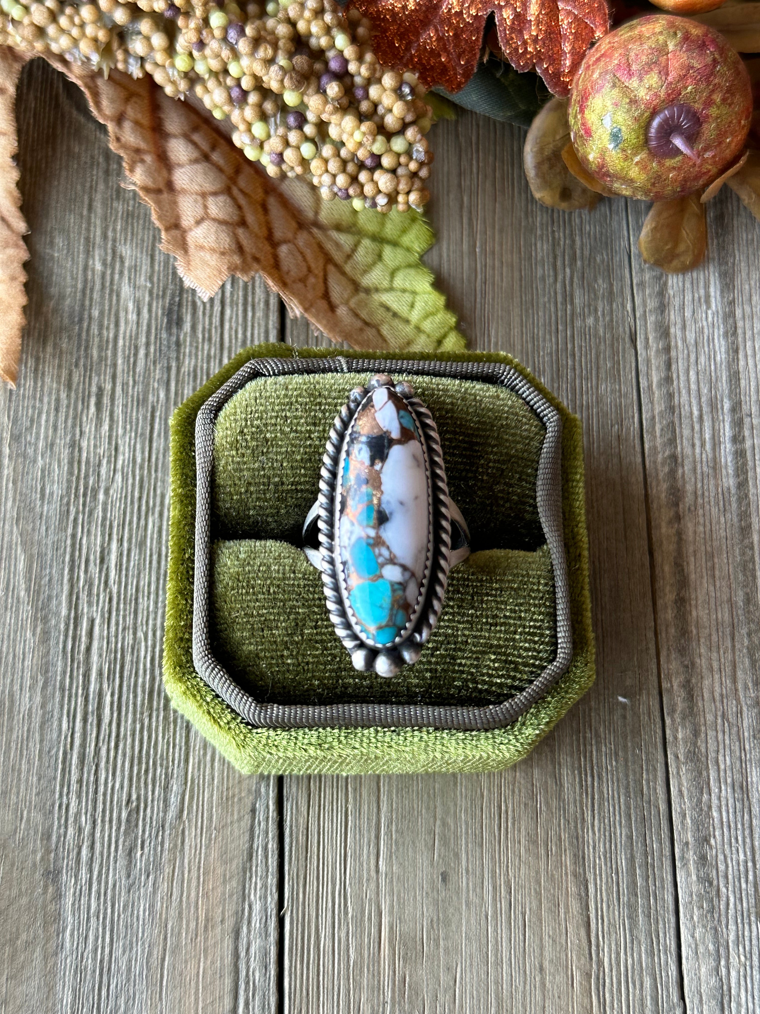 Navajo Made Mohave Turquoise & White Buffalo & Sterling Silver Ring