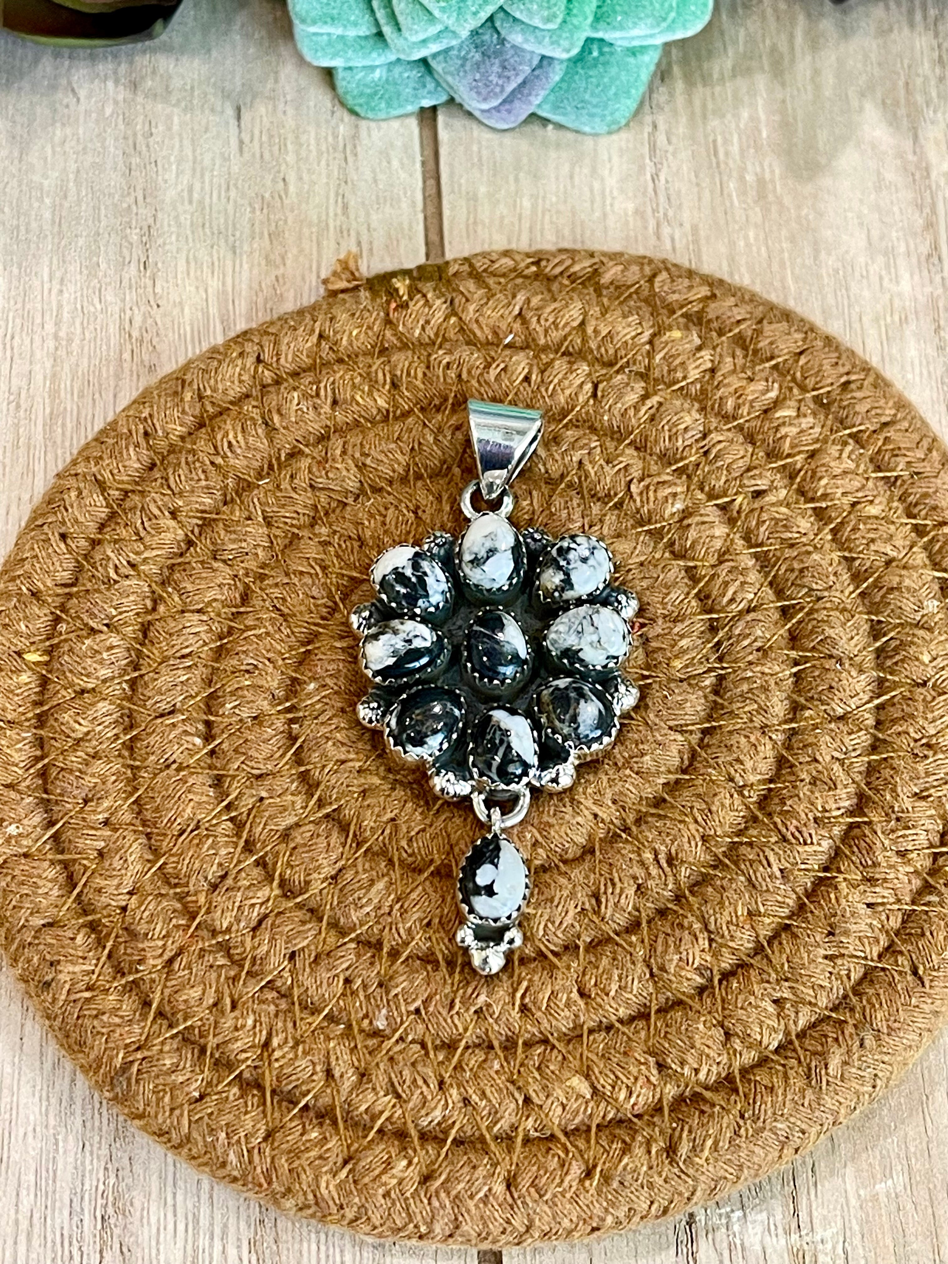 Southwest Handmade White Buffalo & Sterling Silver Cluster Dangle Pendant