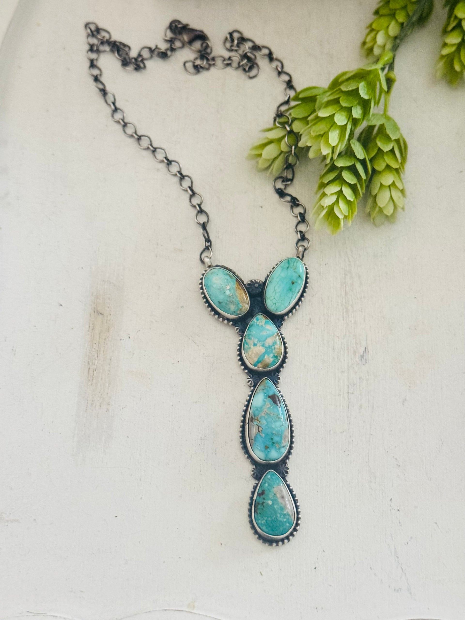 Navajo Made Royston Turquoise & Sterling Silver Cluster Necklace