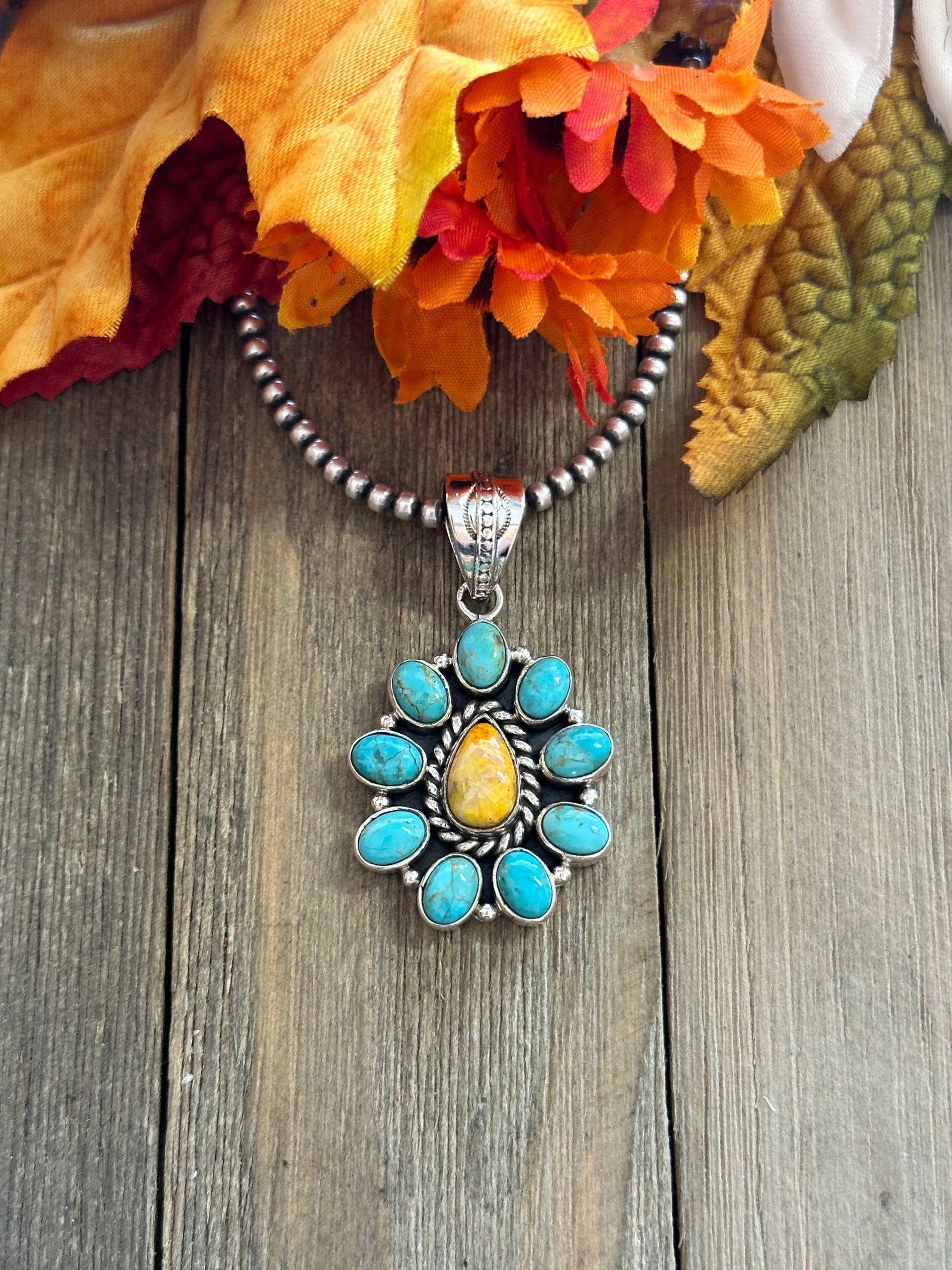 Southwest Handmade Multi Stone & Sterling Silver Cluster Pendant