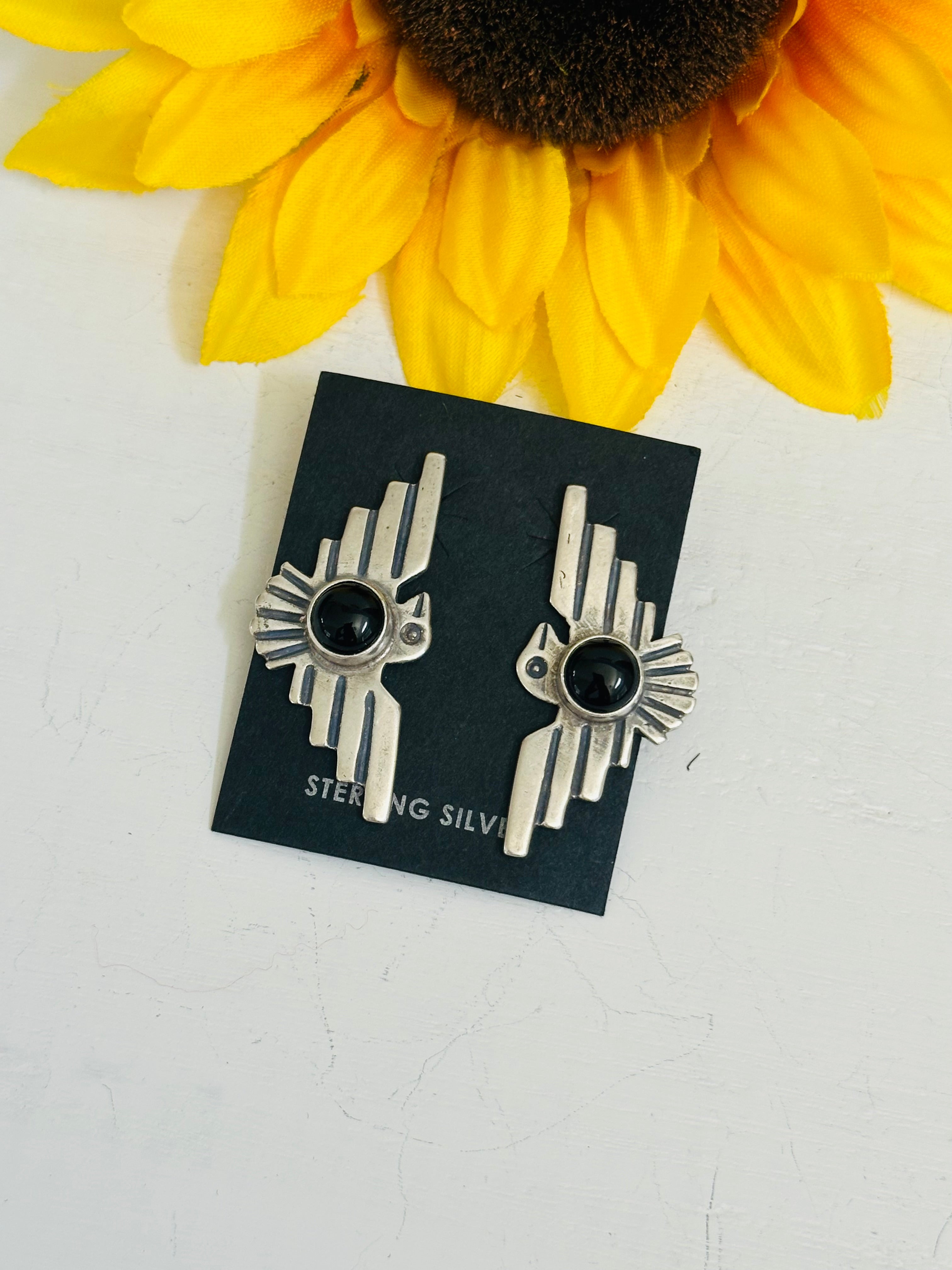 Navajo Handmade Onyx & Sterling Silver Post Thunderbird Earrings