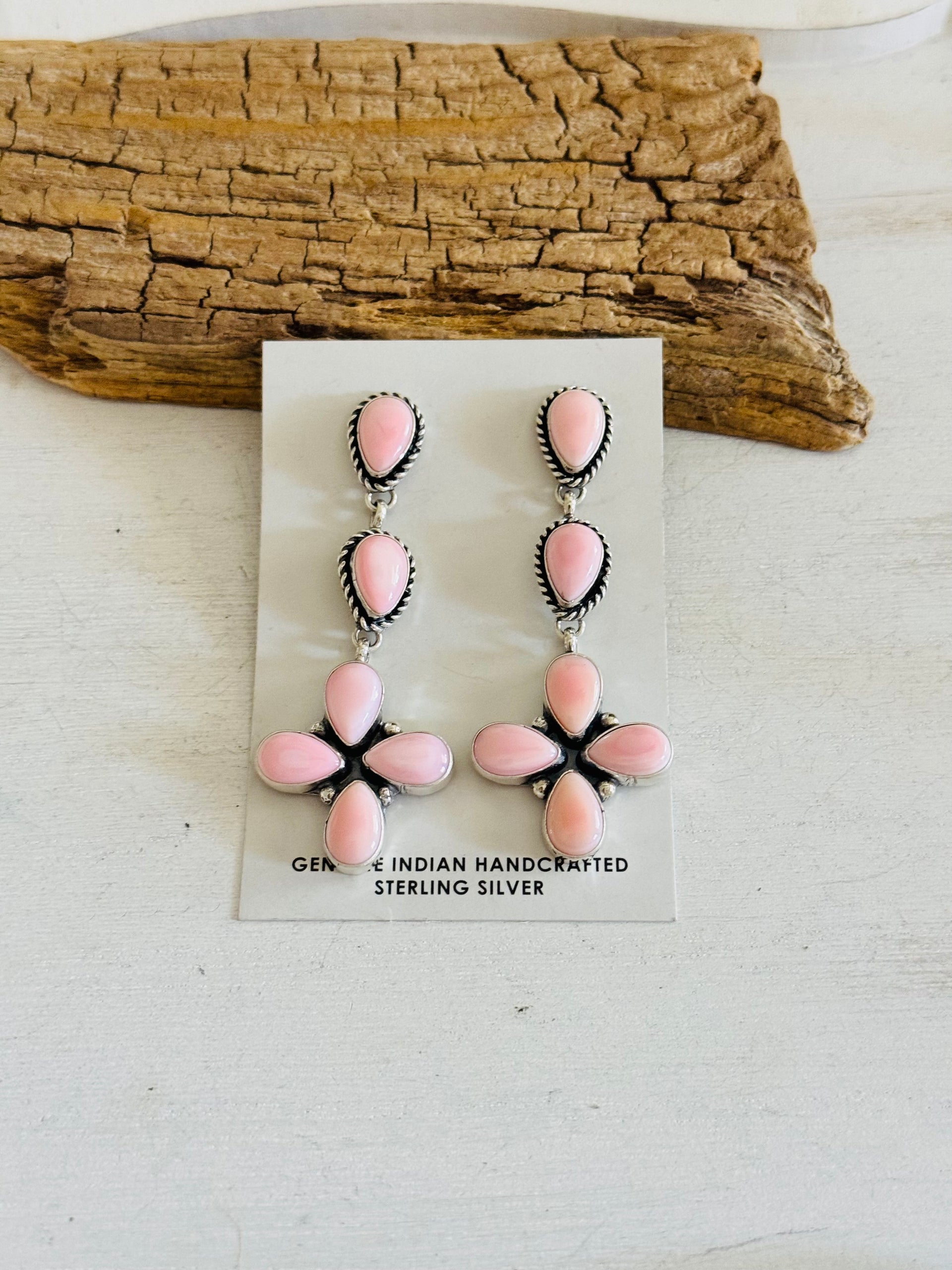 Rita Lee Pink Conch & Sterling Silver Post Dangle Cluster Earrings