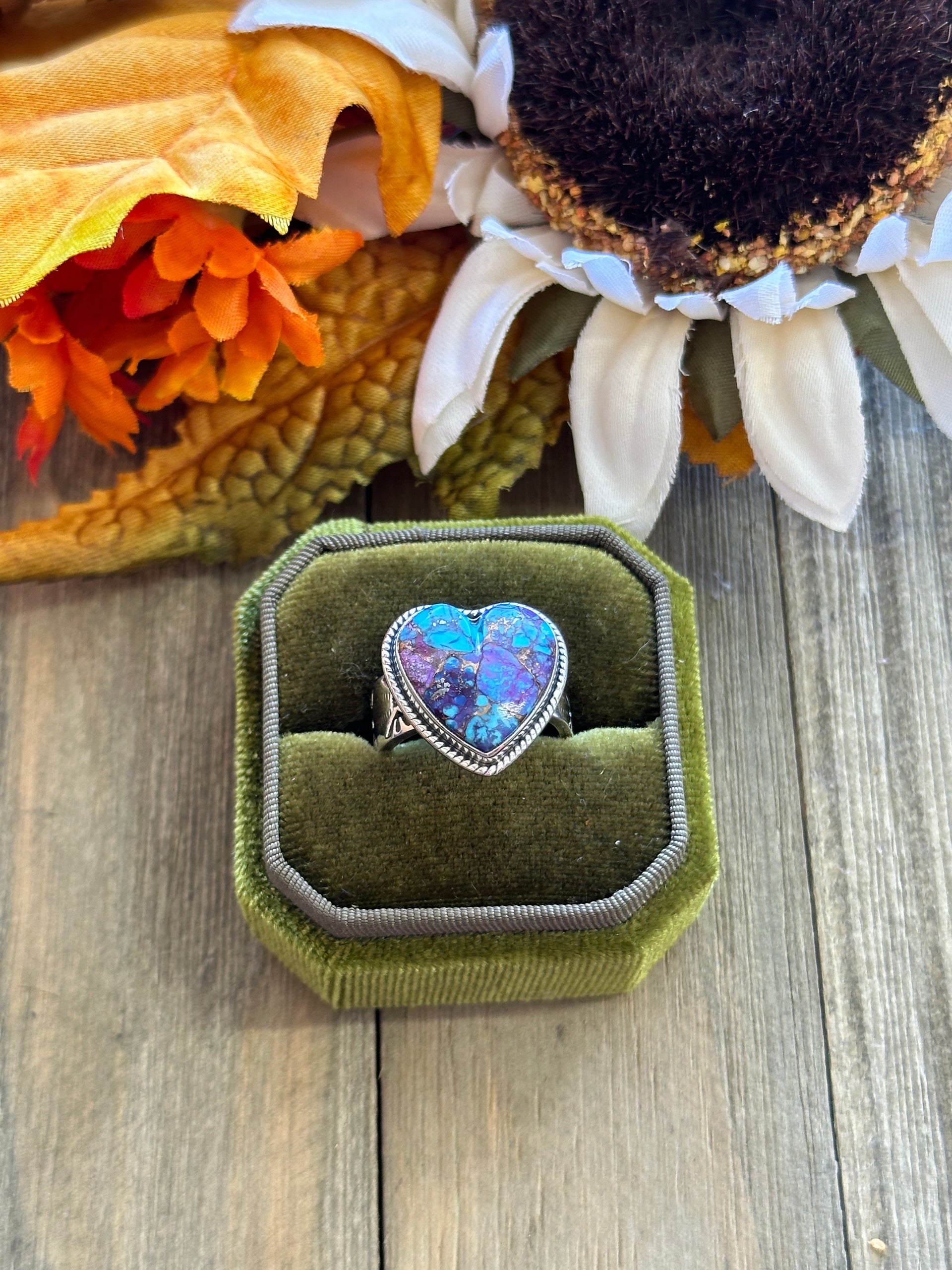 Southwest Handmade Mohave Turquoise & Sterling Silver Adjustable Heart Ring