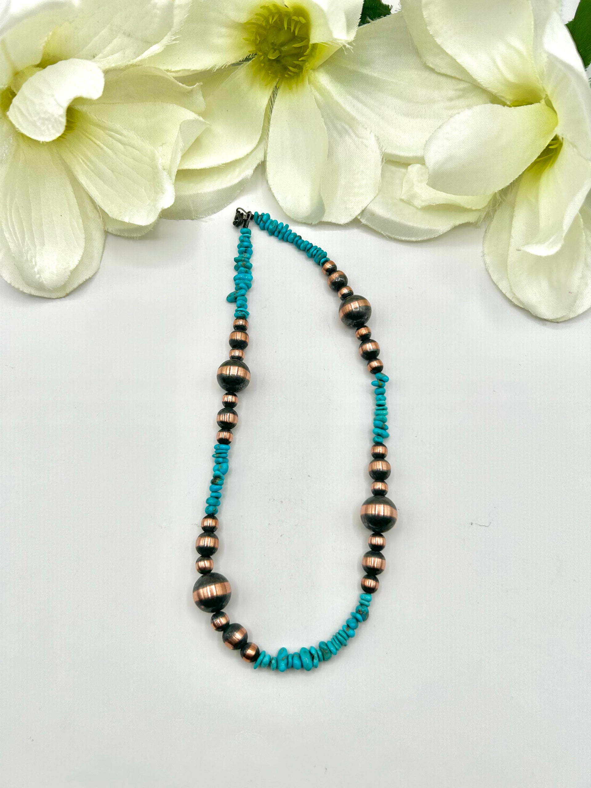 Navajo Made Strung Copper & Campitos Turquoise Necklace