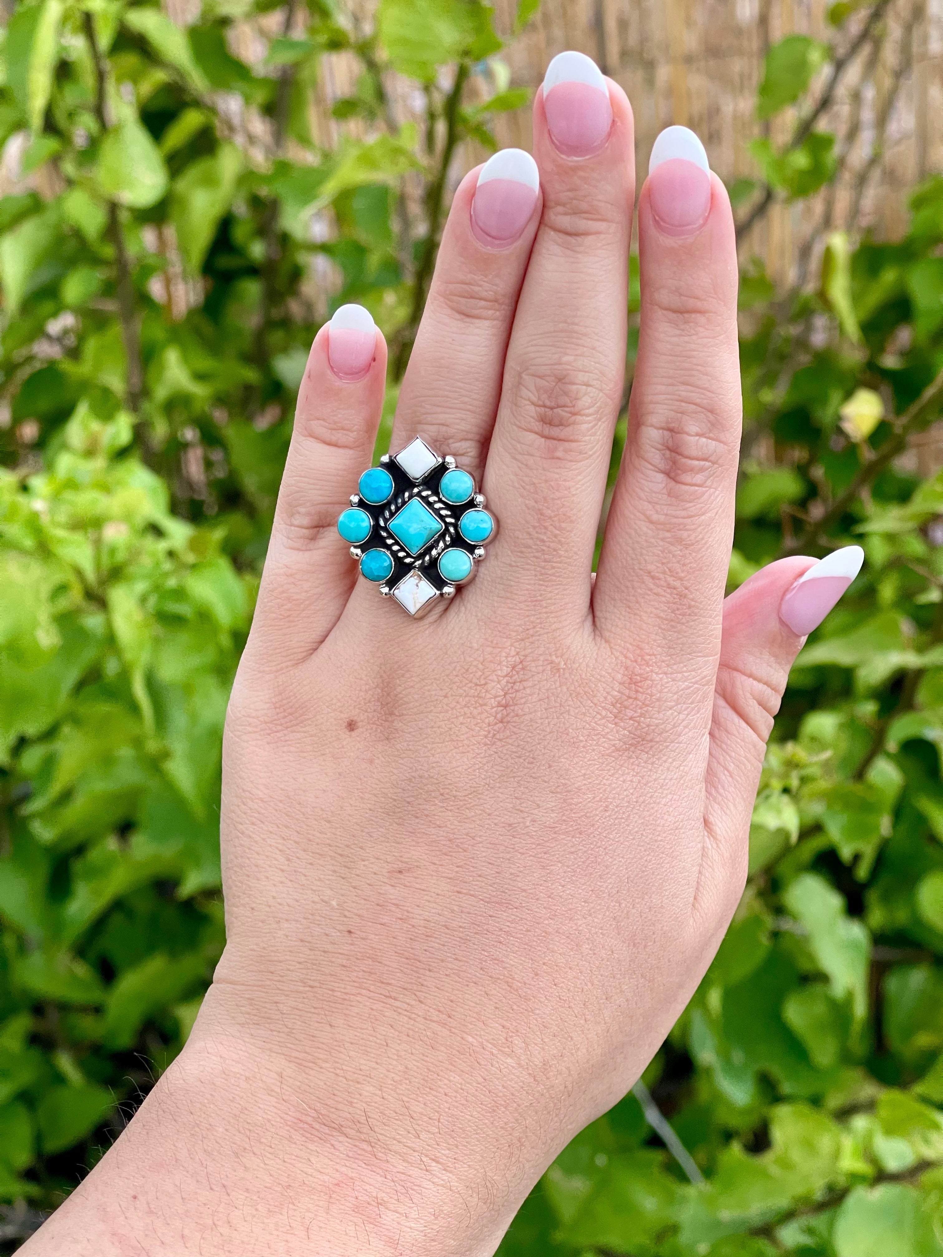 Southwest Handmade Multi Stone & Sterling Silver Adjustable Cluster Ring