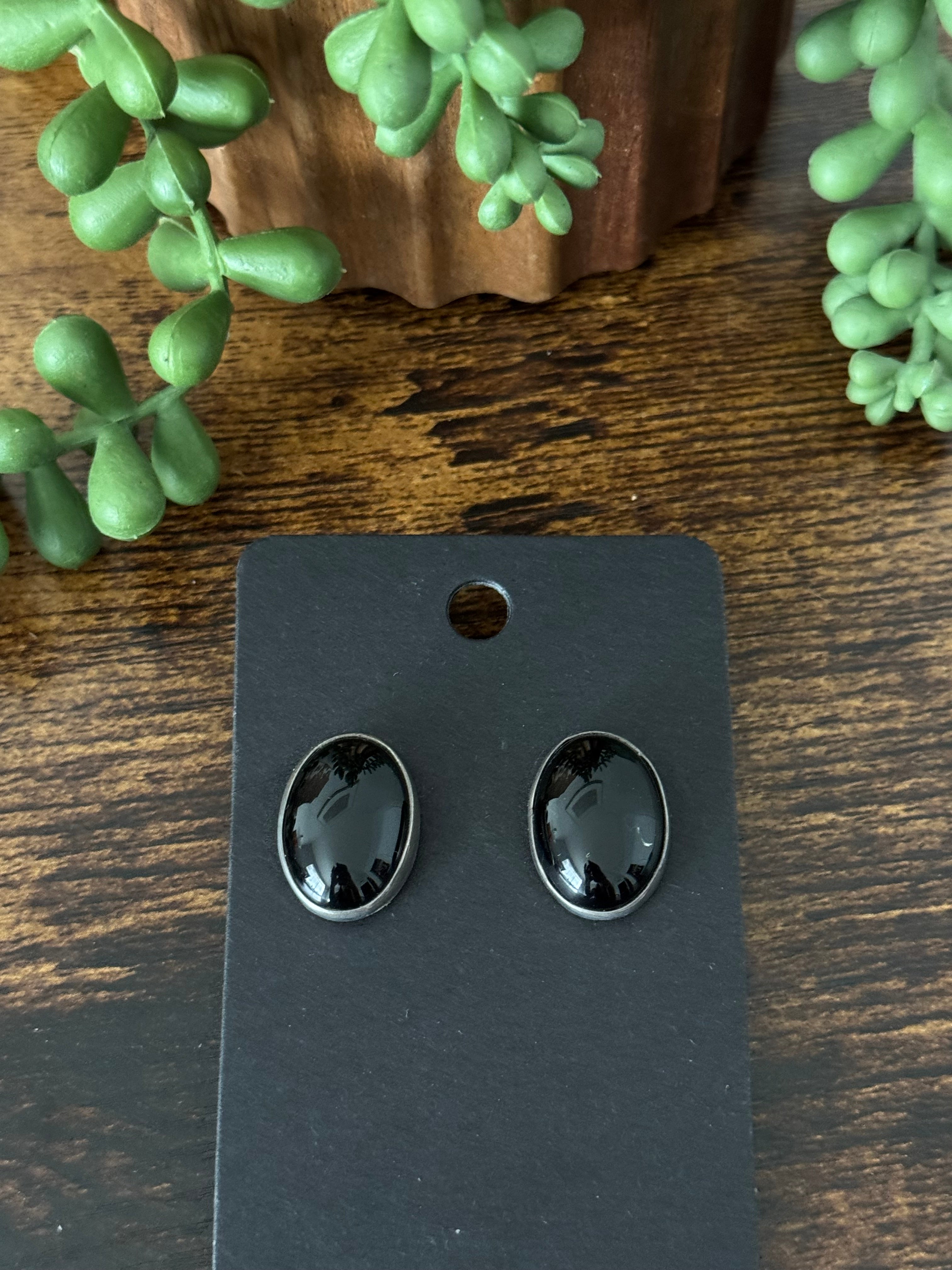 Navajo Made Onyx & Sterling Silver Post Earrings