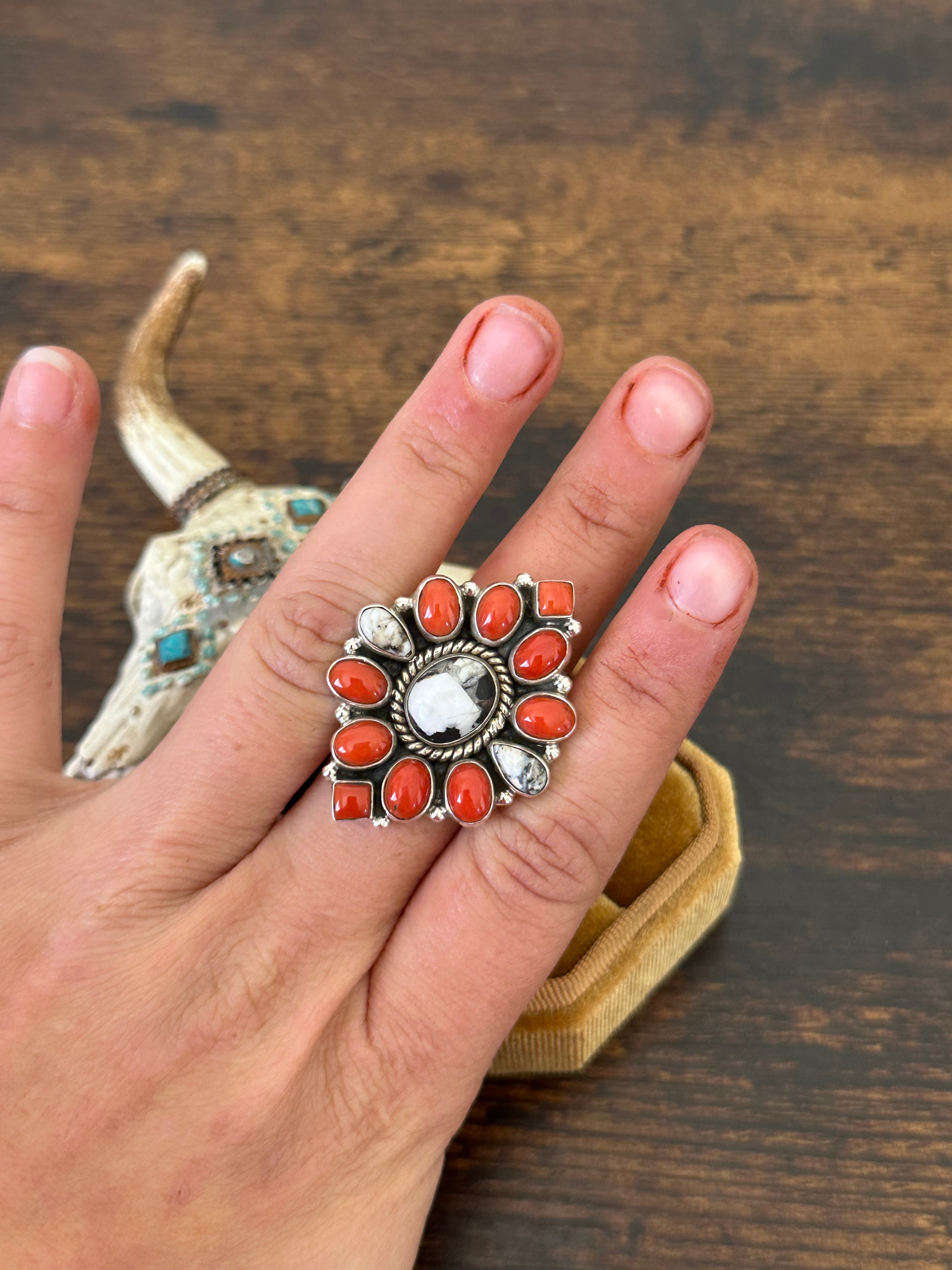 Southwest Handmade Multi Stone & Sterling Silver Cluster Adjustable Ring