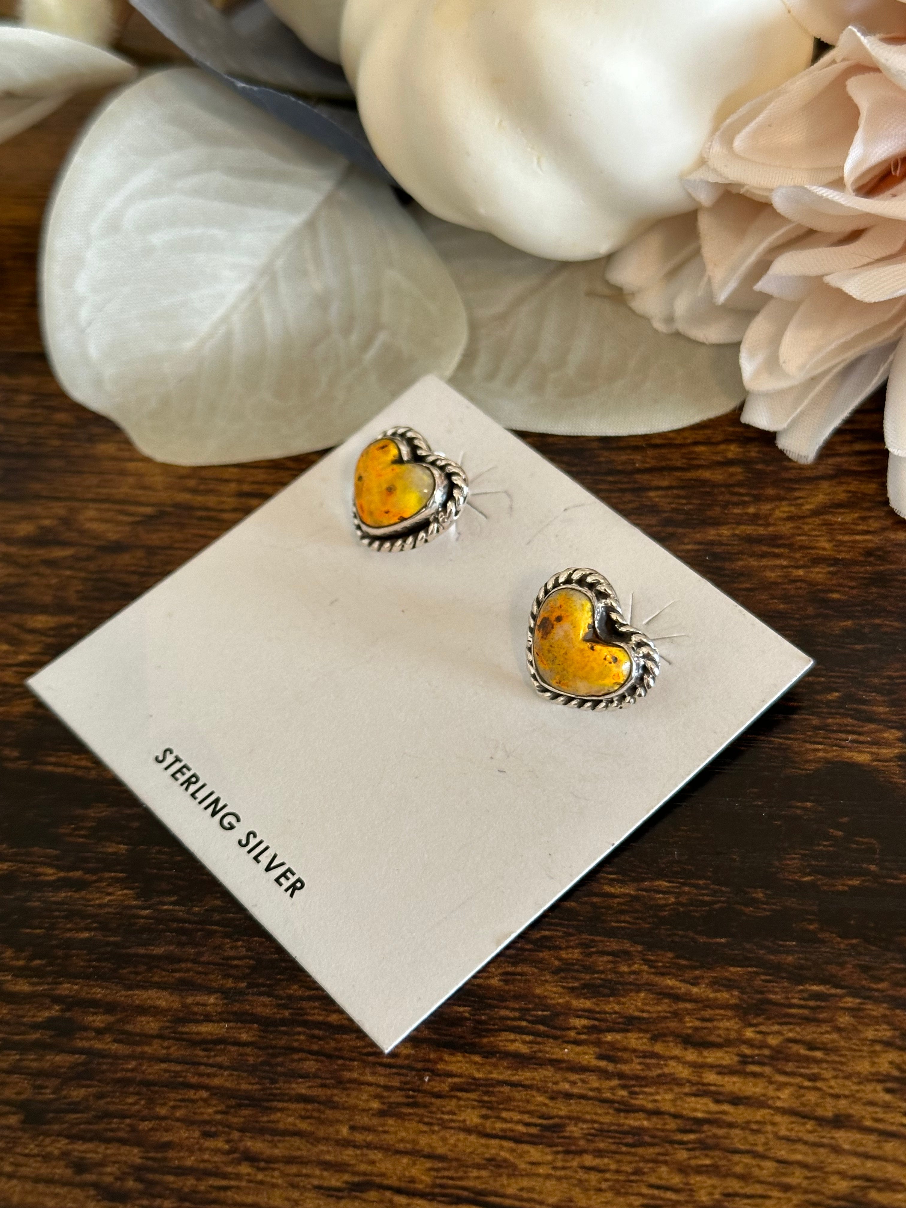 Southwest Handmade Bumblebee Jasper & Sterling Silver Post Heart Earrings