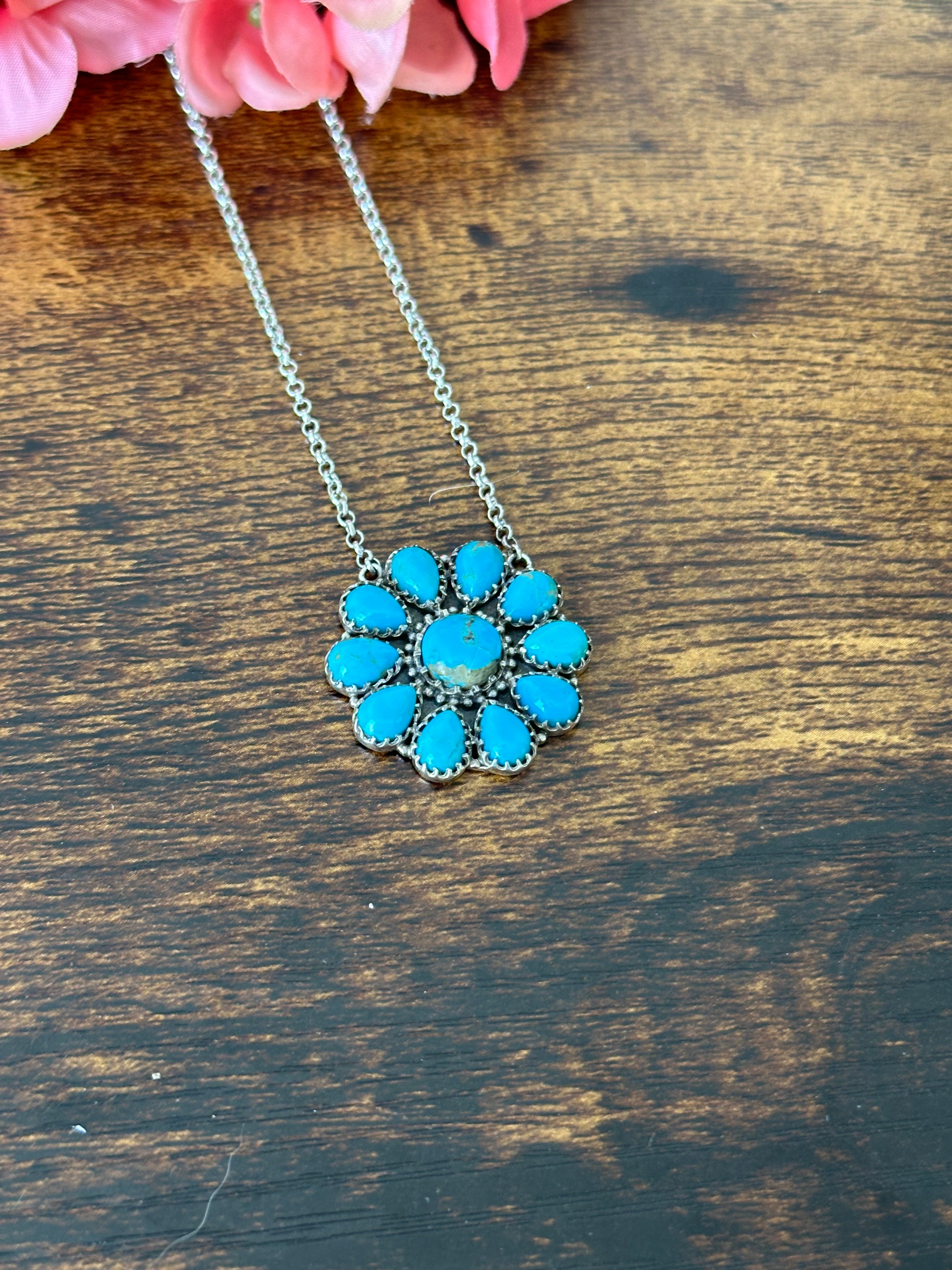 Southwest Handmade Kingman Turquoise & Sterling Silver Cluster Necklace