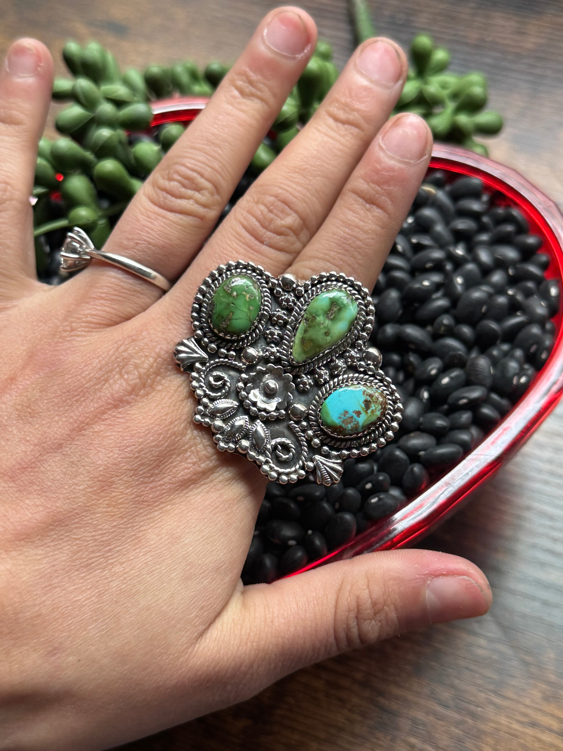 Southwest Handmade Sonoran Mountain Turquoise & Sterling Silver Adjustable Cluster Ring