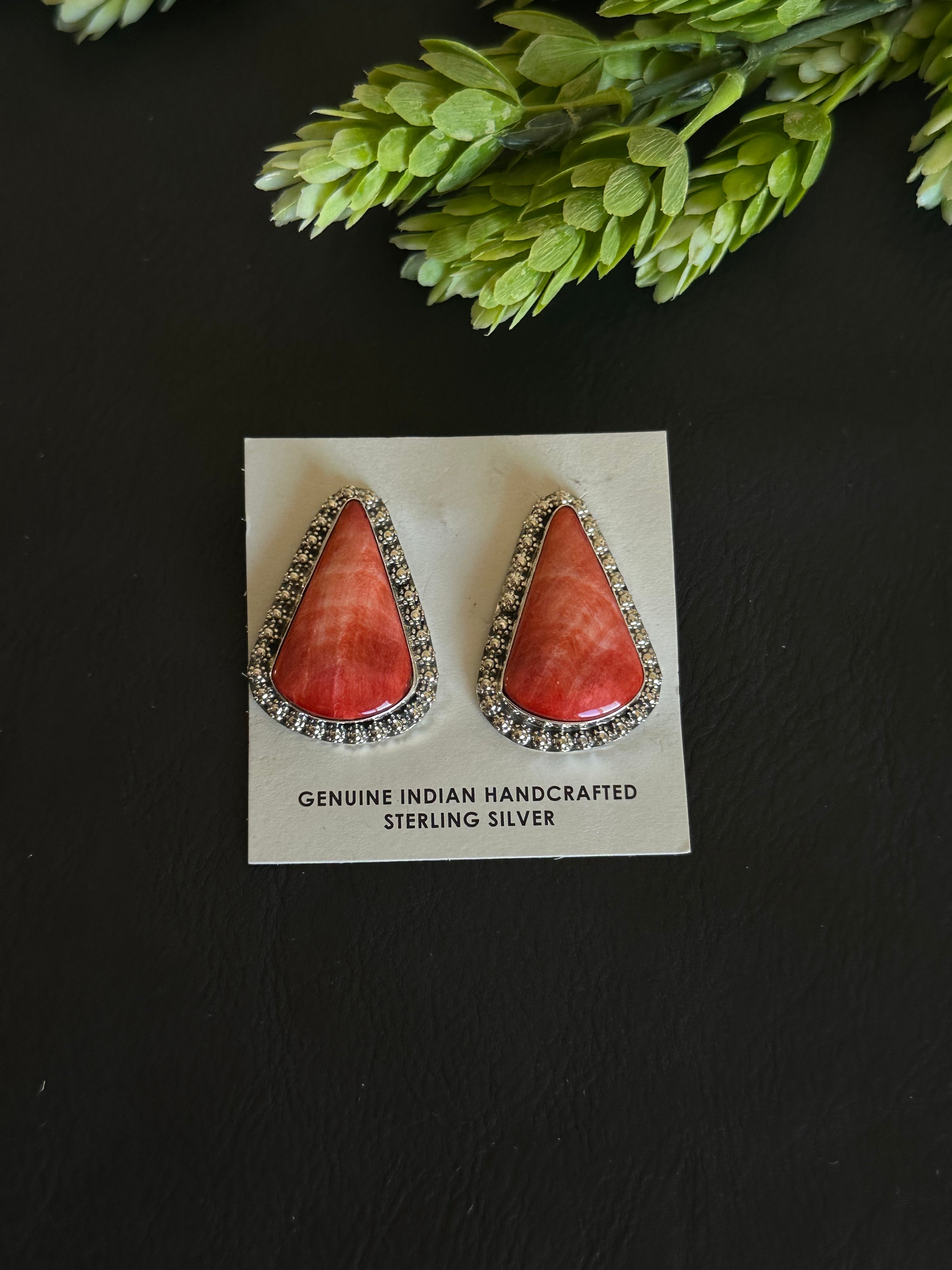 Navajo Made Red Spiny Oyster & Sterling Silver Post Earrings