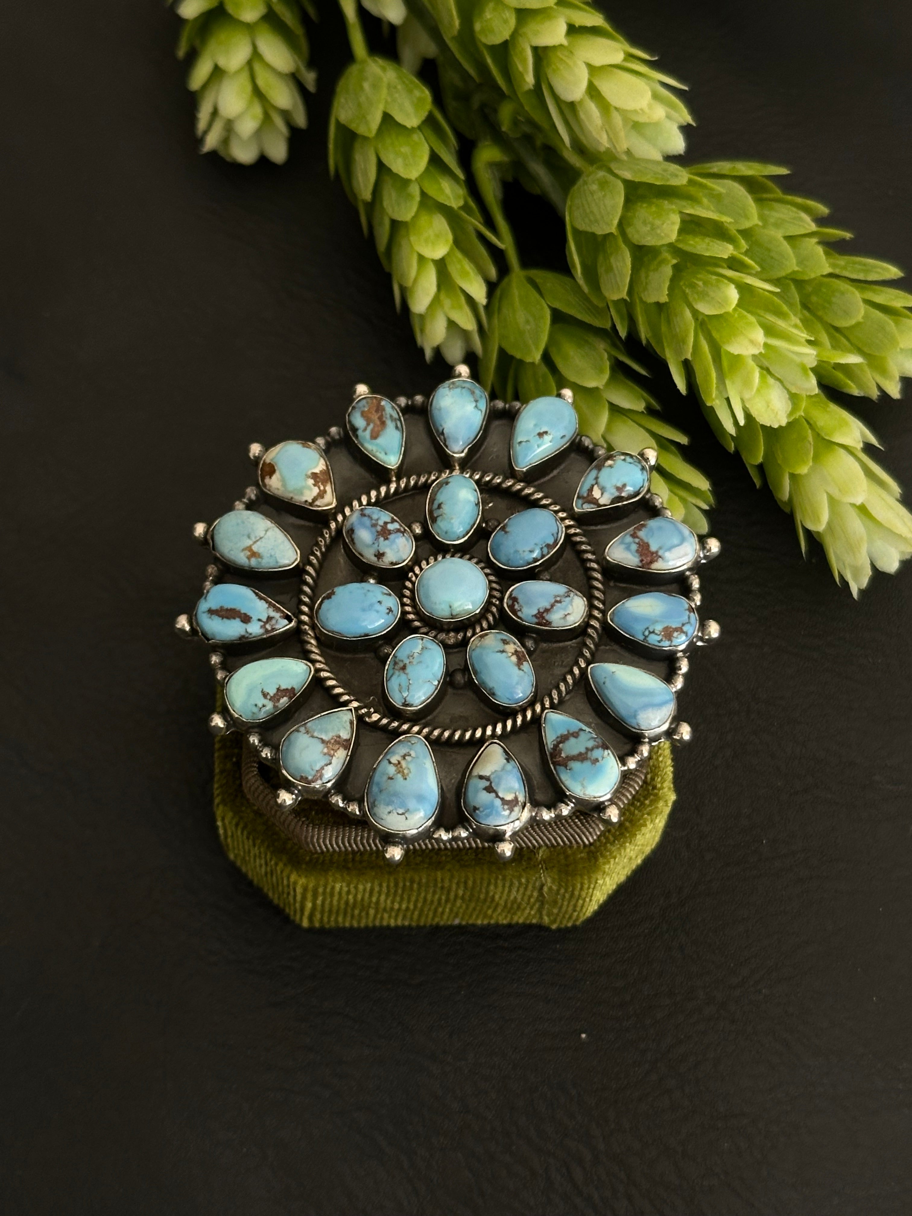 Southwest Handmade Golden Hills Turquoise & Sterling Silver Adjustable Cluster Ring