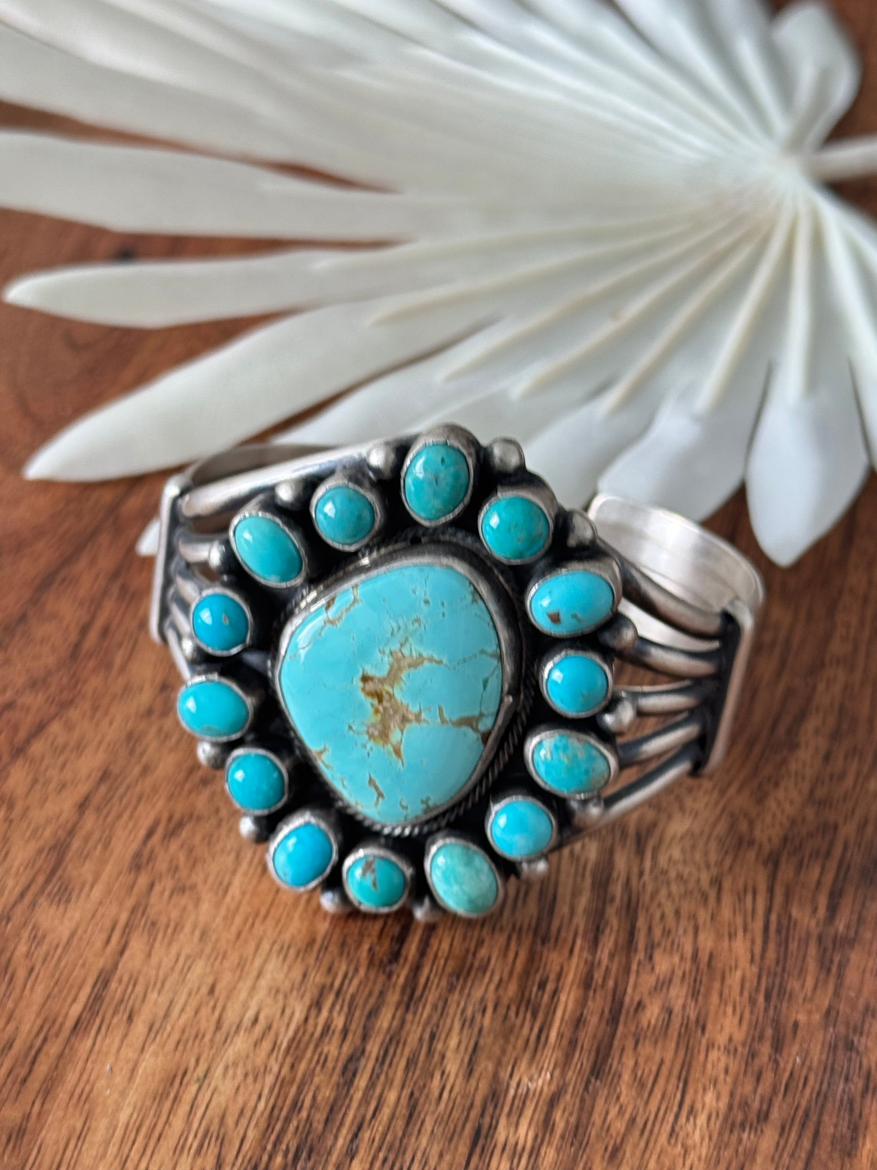 Bobby Johnson Kingman Turquoise & Sterling Silver Cluster Cuff Bracelet