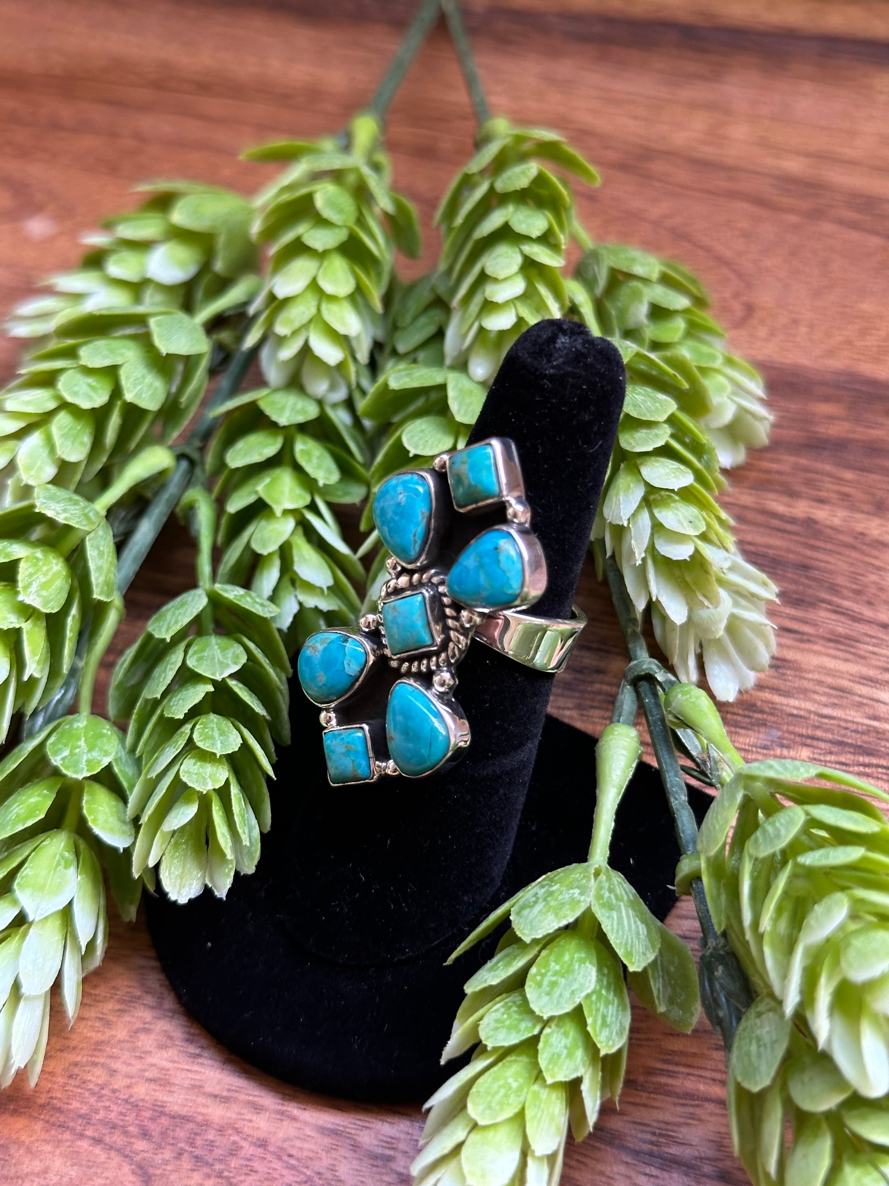 Southwest Handmade Kingman Turquoise & Sterling Silver Adjustable Cluster Ring