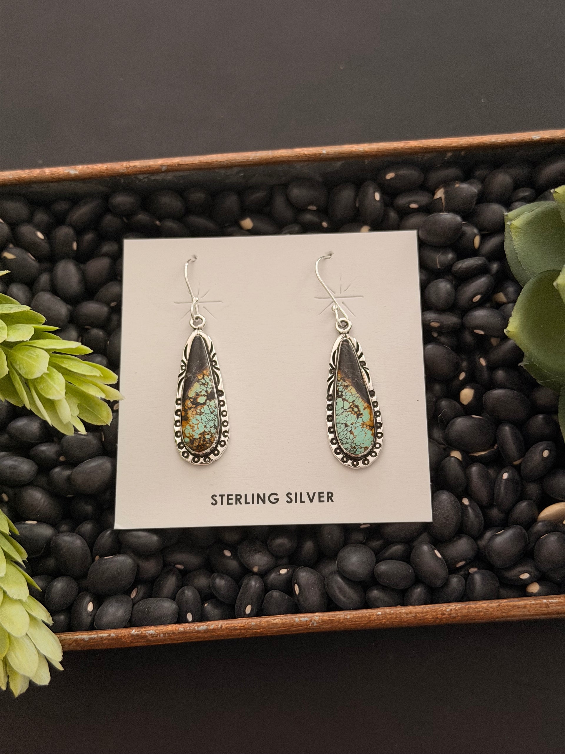 Navajo Made Black Jack Turquoise & Sterling Silver Dangle Earrings
