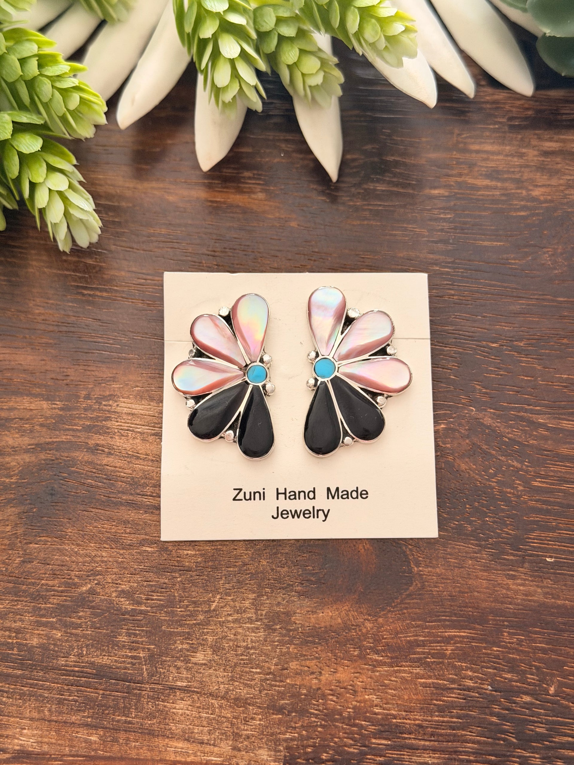 Zuni Made Multi Stone & Sterling Silver Post Half Cluster Inlay Earrings