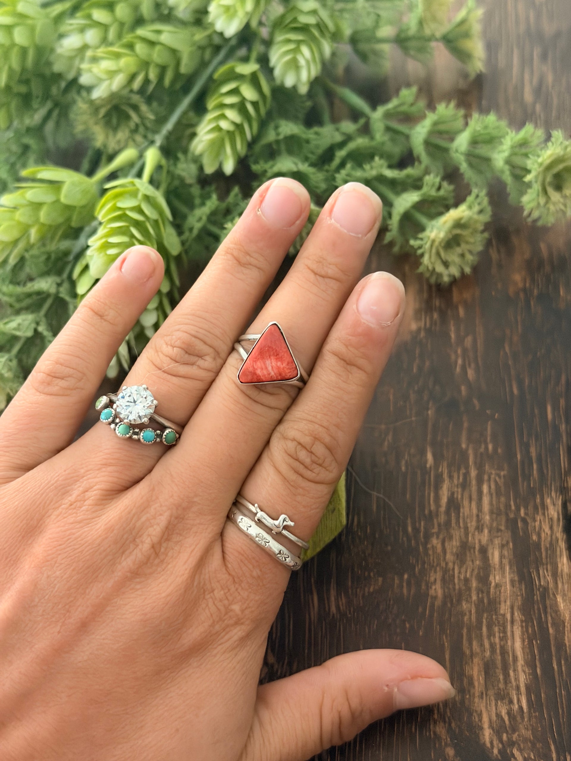 Navajo Made Spiny Oyster & Sterling Silver Ring Size 6.75