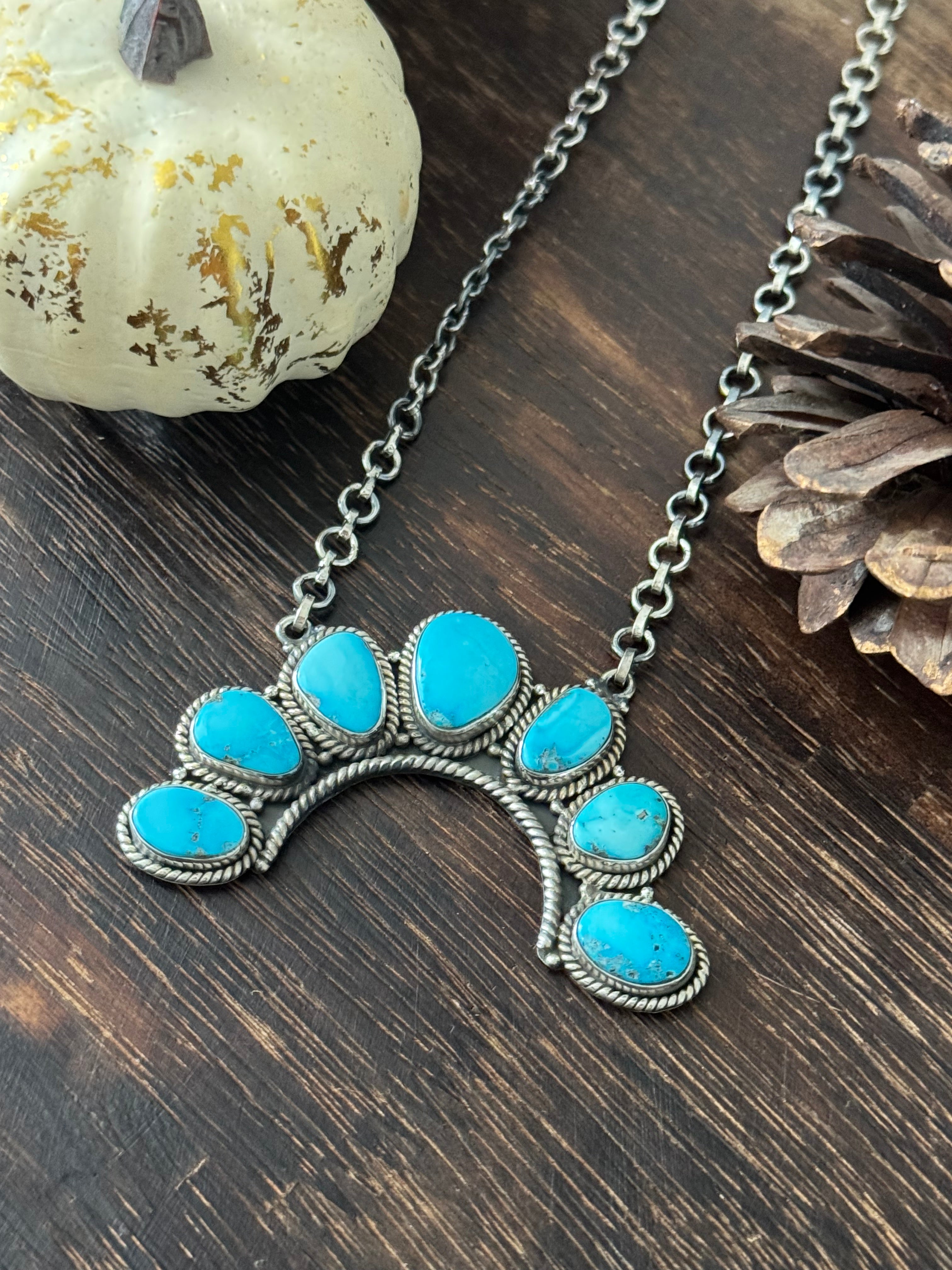 Southwest Valley Blue Turquoise & Sterling Silver Cluster Necklace