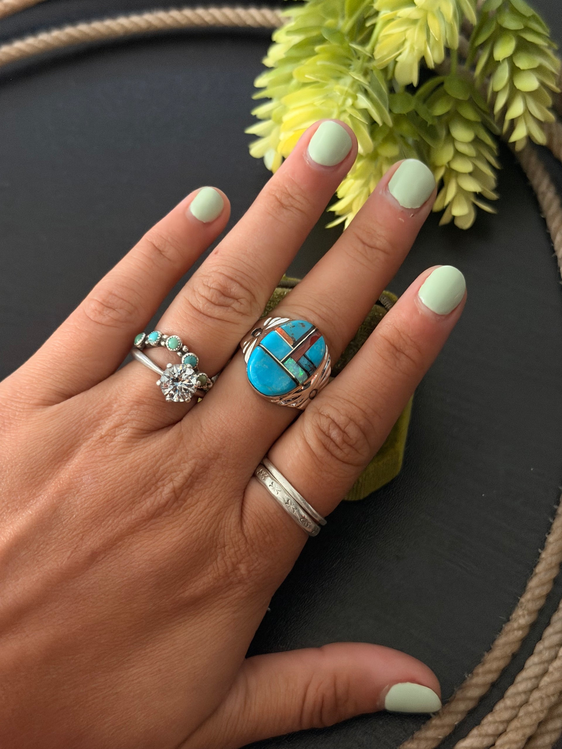 Mary Lincoln Multi Stone & Sterling Silver Inlay Ring Size 10.75