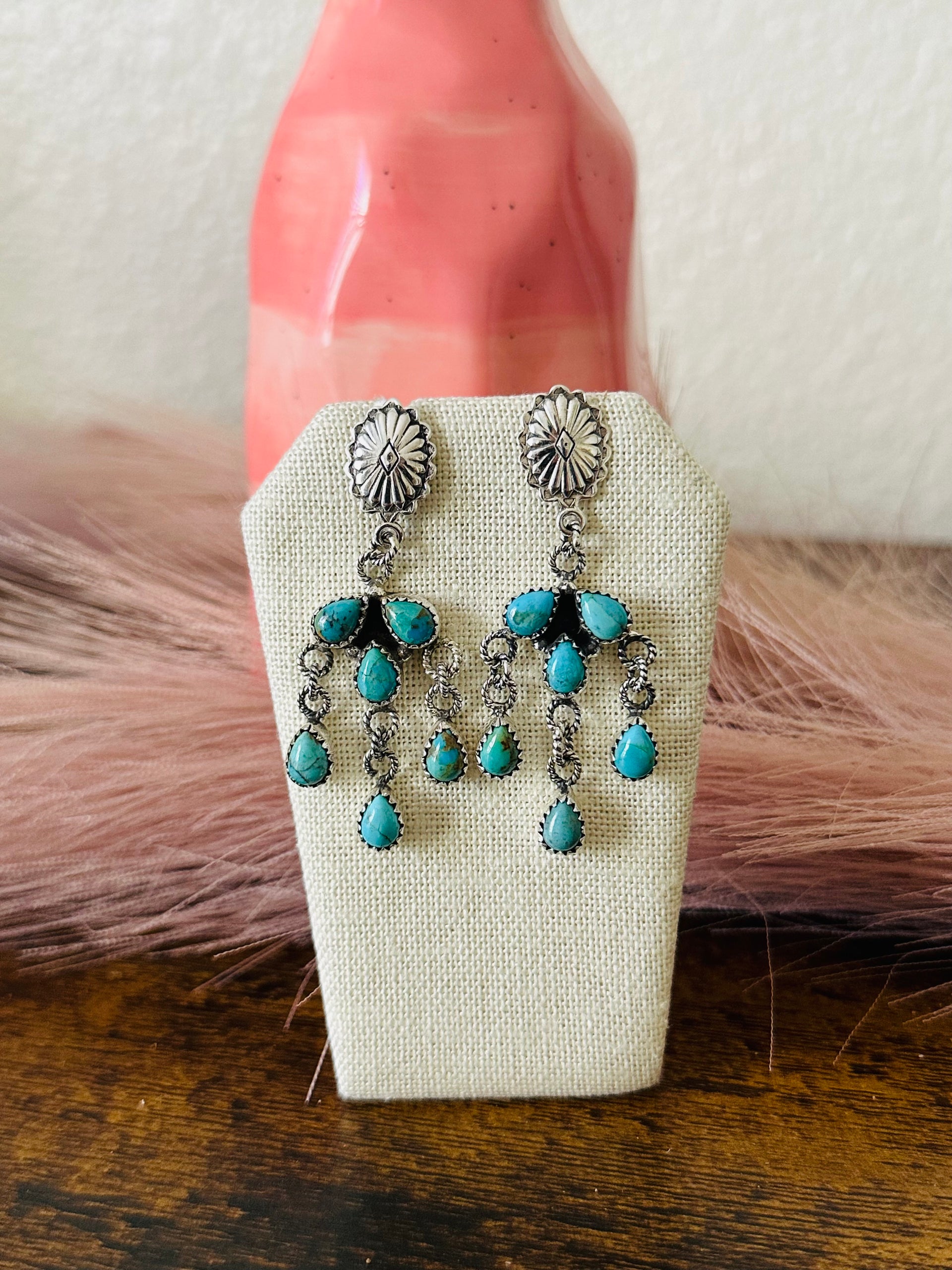 Southwest Handmade Kingman Turquoise & Sterling Silver Post Dangle Earrings